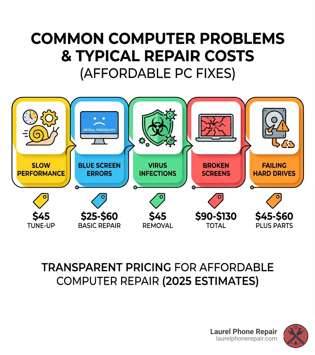 infographic showing common computer problems and their typical repair costs, including slow performance ($45 tune-up), blue screen errors ($25-$60 basic repair), virus infections ($45 removal), broken screens ($90-$130 total), and failing hard drives ($45-$60 plus parts) - cheap computer repair infographic