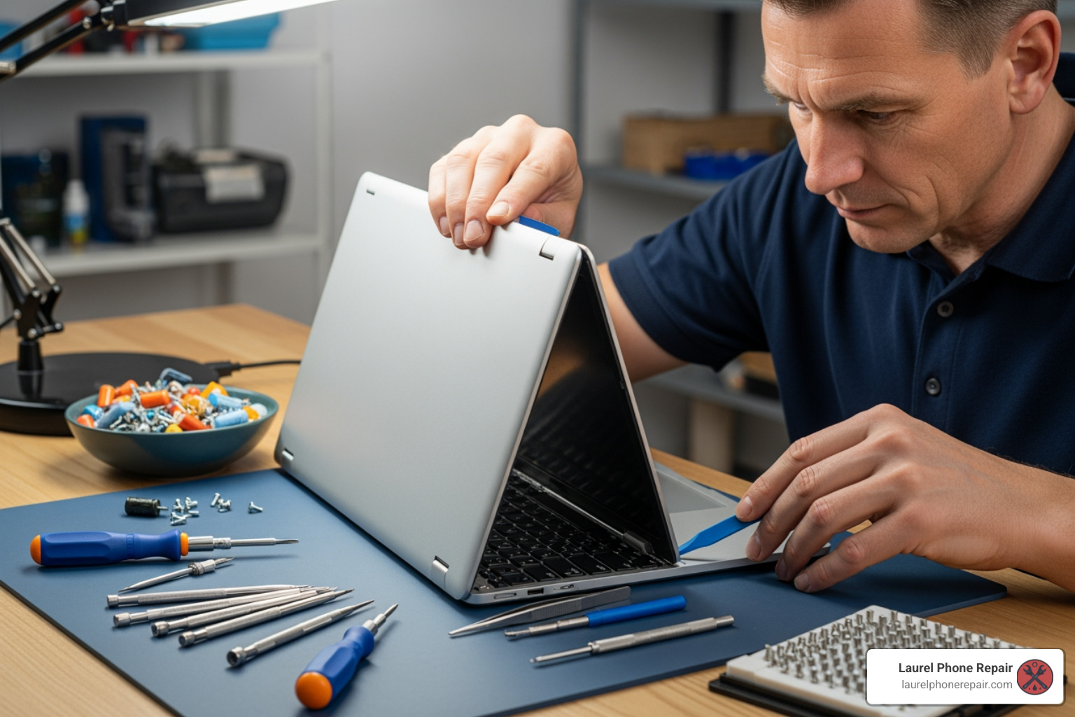 technician disassembling a laptop - servis laptop near me