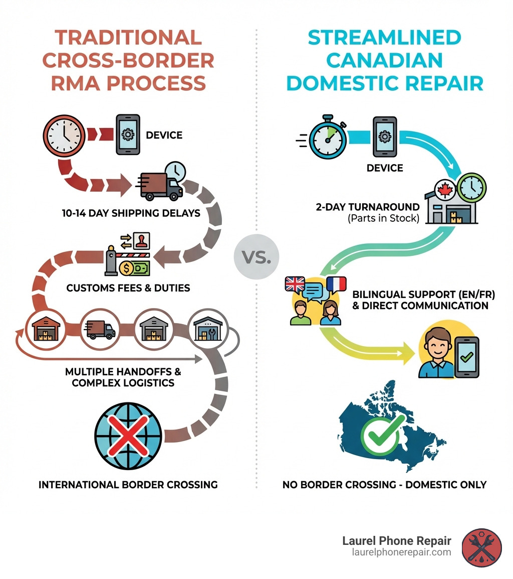 infographic showing side-by-side comparison of traditional cross-border RMA process with 10-14 day shipping delays, customs fees, and multiple handoffs versus streamlined Canadian domestic repair with 2-day turnaround, no border crossing, bilingual support, and direct customer communication - warranty repair services for international device brands infographic