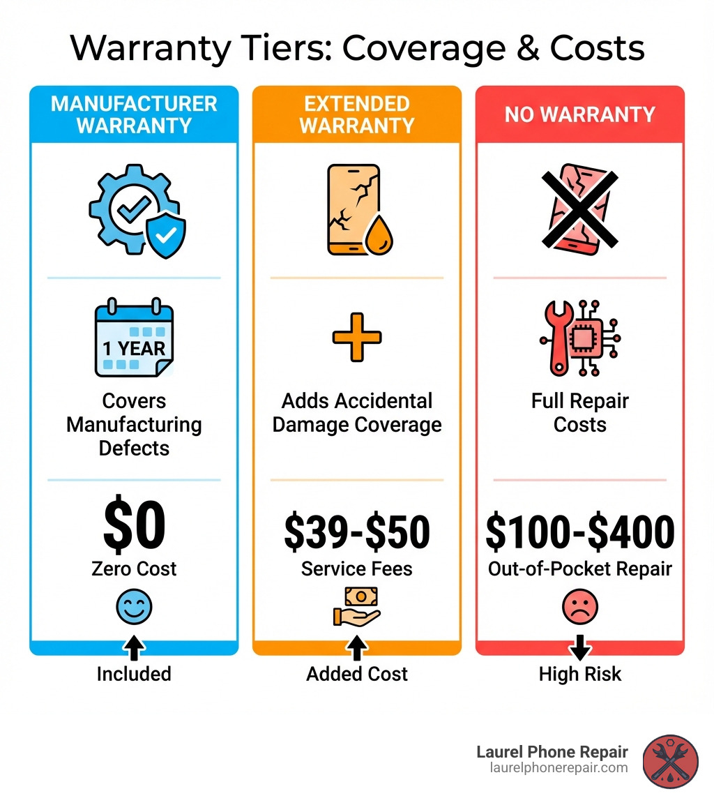 infographic showing three warranty tiers: manufacturer warranty covering manufacturing defects for 1 year with zero cost, extended warranty adding accidental damage coverage with service fees of $39-50, and no warranty resulting in full repair costs of $100-400 - device repair with warranty infographic