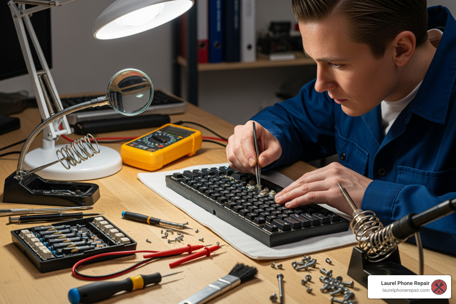 technician examining a keyboard - computer keyboard repair shop near me
