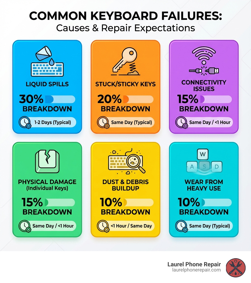 infographic showing the most common causes of keyboard failure including liquid spills, stuck keys, connectivity issues, physical damage to individual keys, dust and debris buildup, and wear from heavy use, with percentage breakdowns and typical repair times for each issue - computer keyboard repair shop near me infographic