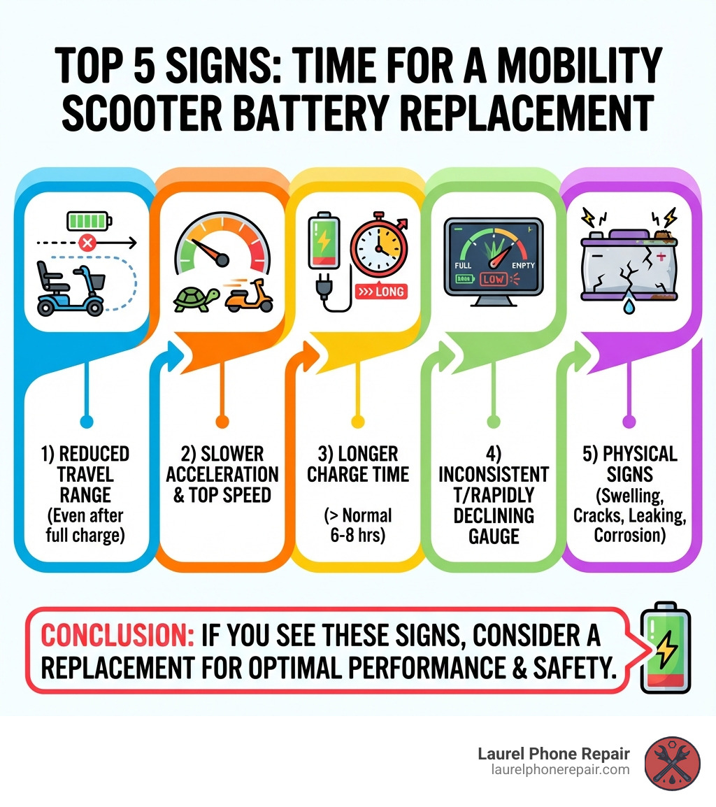 Infographic showing the top 5 signs your mobility scooter battery needs replacement: 1) Reduced travel range even after full charge, 2) Slower acceleration and decreased top speed, 3) Takes significantly longer to fully charge (beyond normal 6-8 hours), 4) Battery gauge shows inconsistent or rapidly declining charge levels, 5) Physical signs like swelling, cracks, leaking, or corrosion on terminals - mobility scooter battery replacement infographic