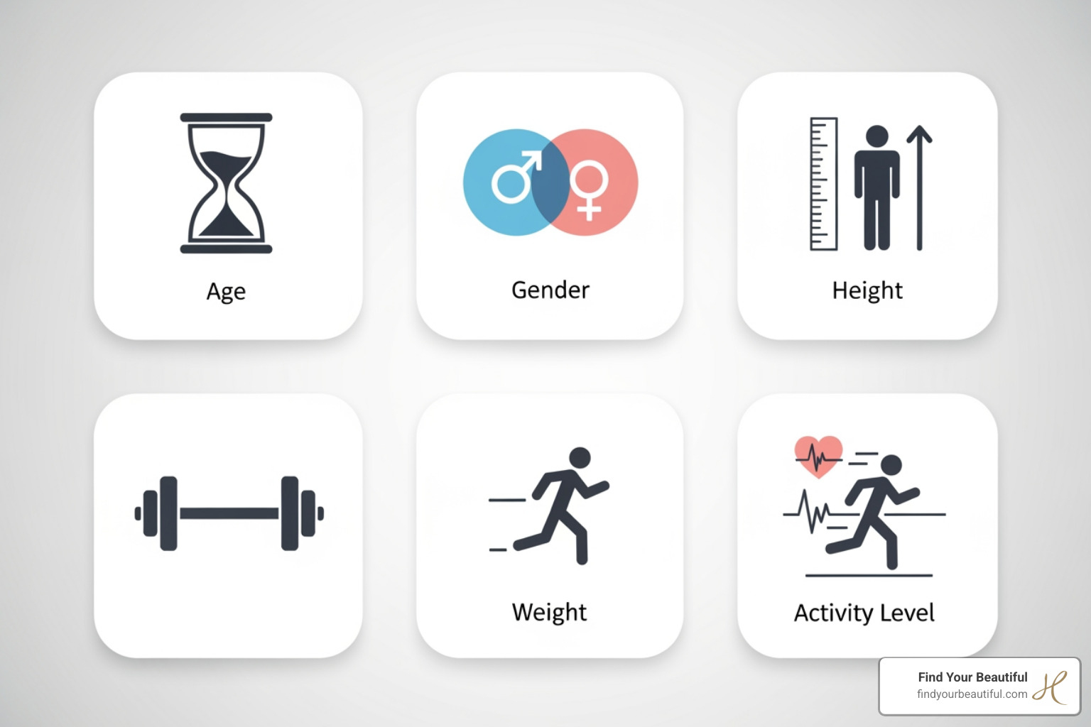 Icons representing age, gender, height, weight, and activity level - weight loss calculator Icons representing age, gender, height, weight, and activity level - weight loss calculator