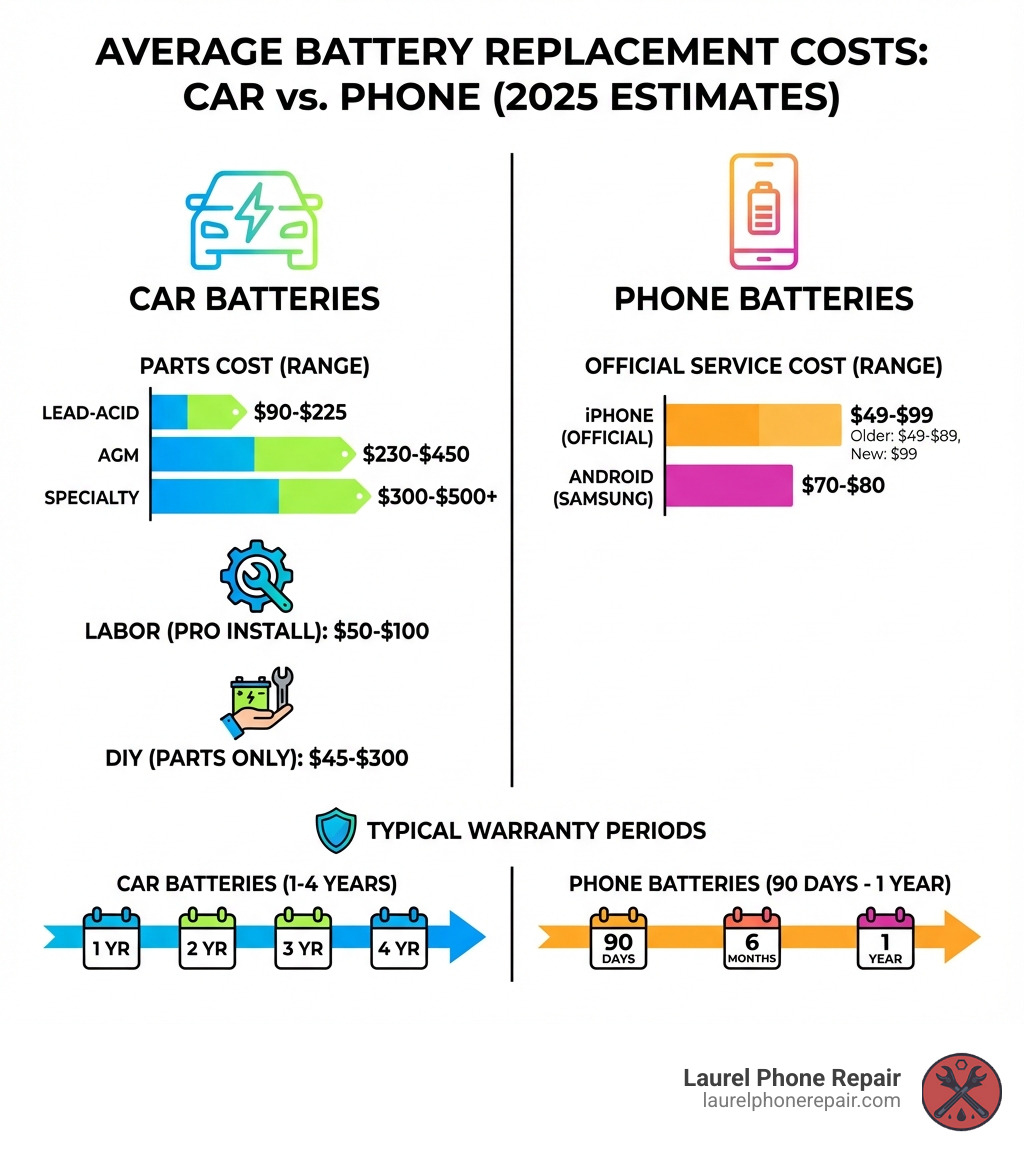 infographic comparing average battery replacement costs - battery replacement cost infographic