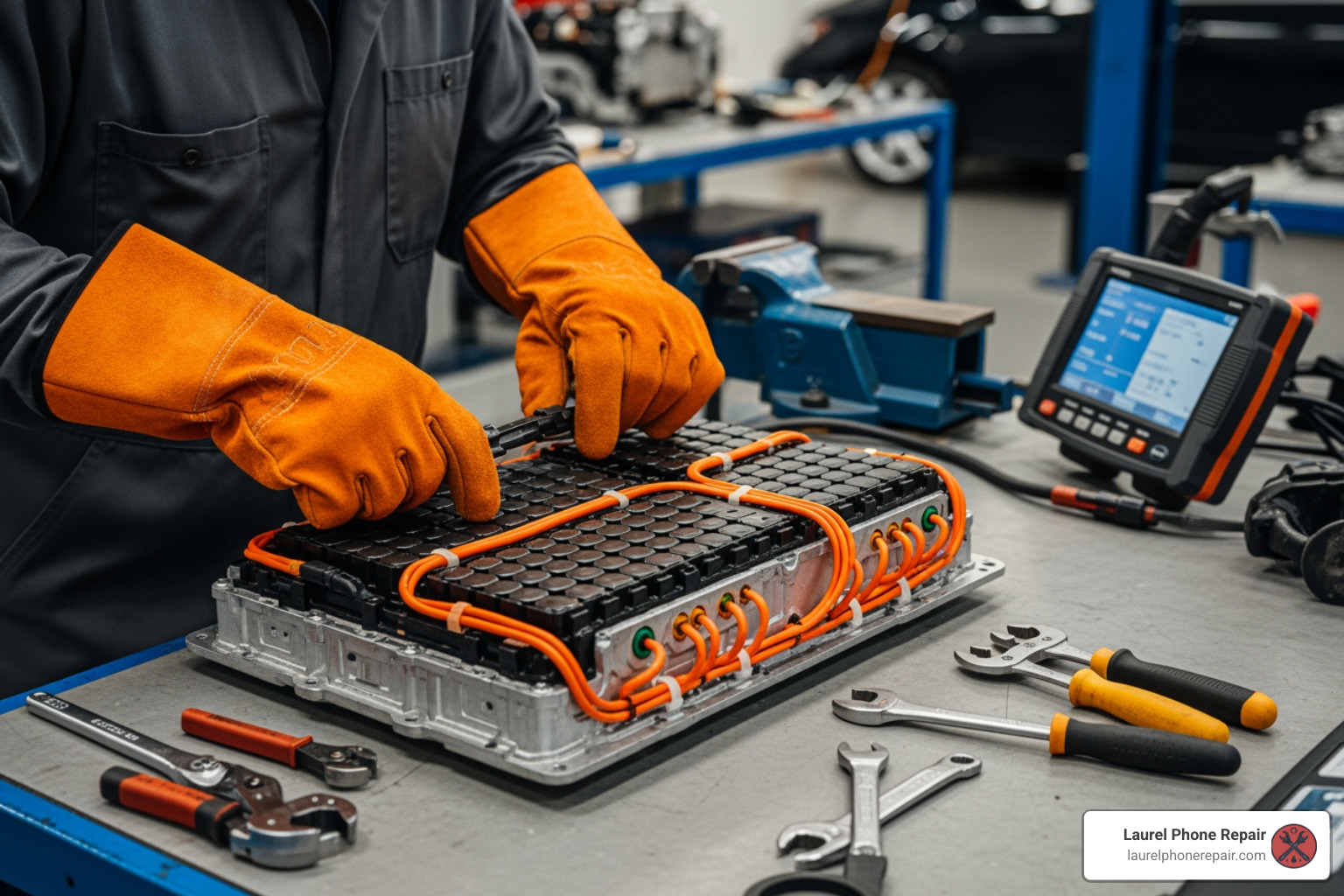 Technician wearing high-voltage safety gloves working on a Chevy Volt battery pack - chevy volt battery replacement