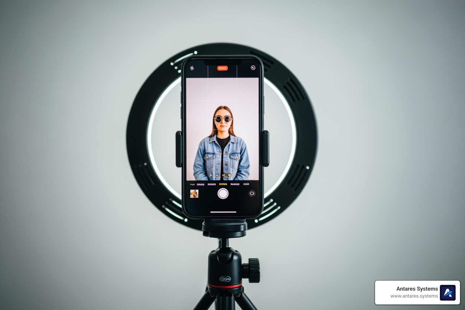 Simple video creation setup: smartphone on tripod with ring light - video marketing builders