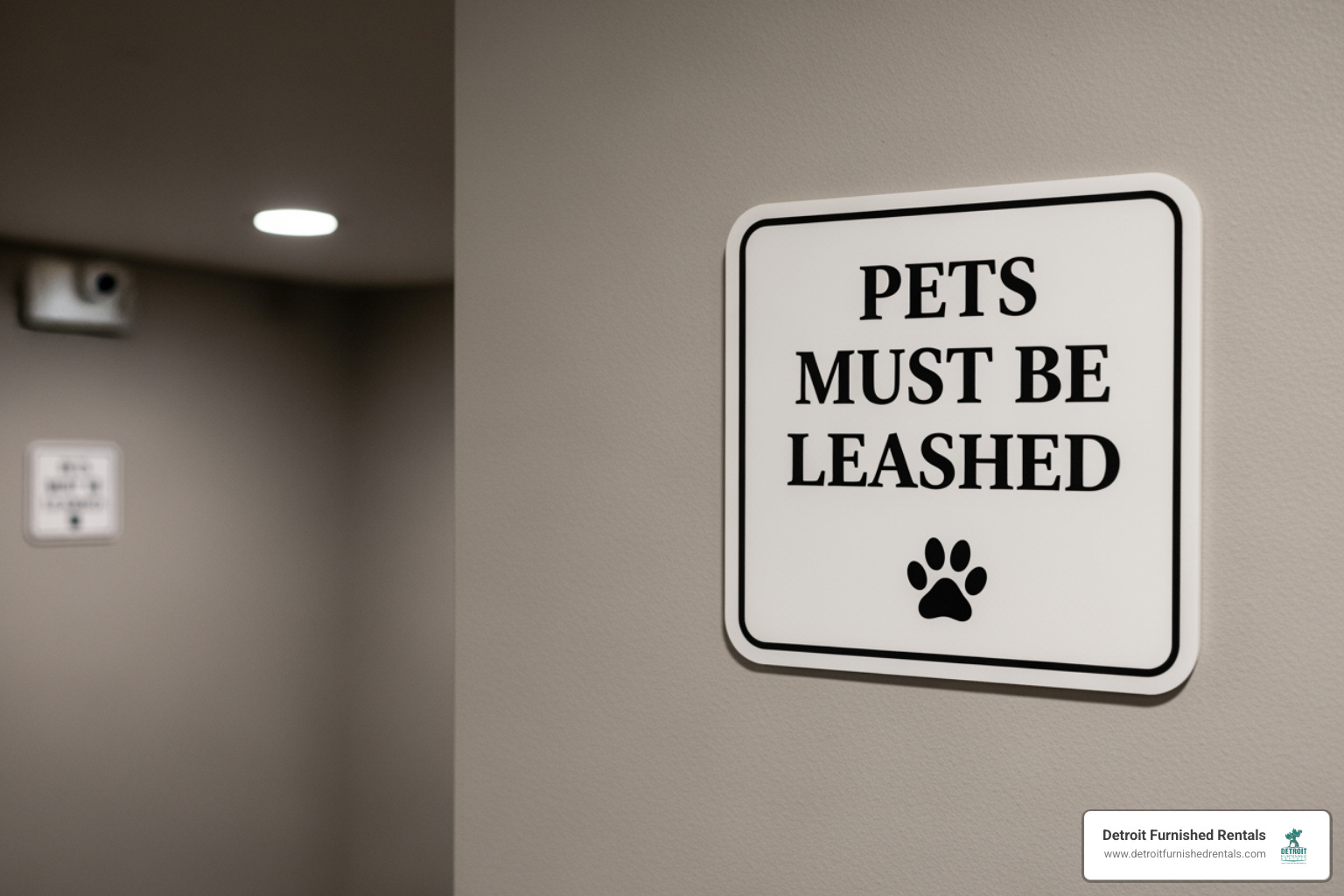 leash required in common areas sign in an apartment building hallway - Pet friendly temporary housing