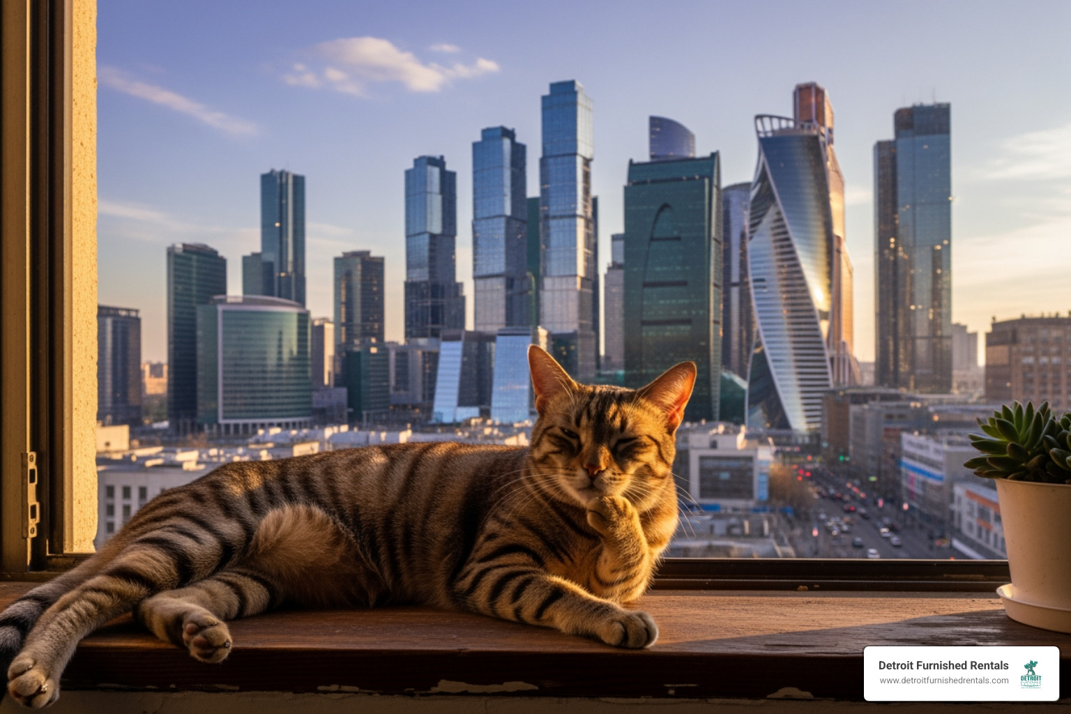 cat lounging comfortably on a windowsill with a city view - Pet friendly temporary housing