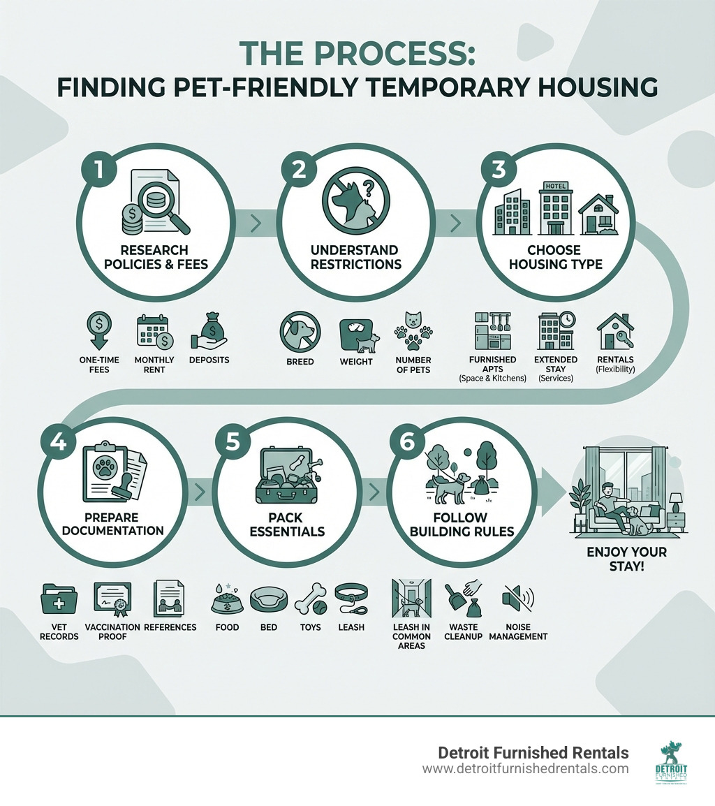 infographic showing the process of finding pet-friendly temporary housing: 1. Research pet policies and fees (one-time fees, monthly rent, deposits), 2. Understand restrictions (breed, weight, number of pets), 3. Choose housing type (furnished apartments for space and kitchens, extended stay for services, rentals for flexibility), 4. Prepare documentation (vet records, vaccination proof, references), 5. Pack essentials (food, bed, toys, leash), 6. Follow building rules (leash in common areas, waste cleanup, noise management) - Pet friendly temporary housing infographic 