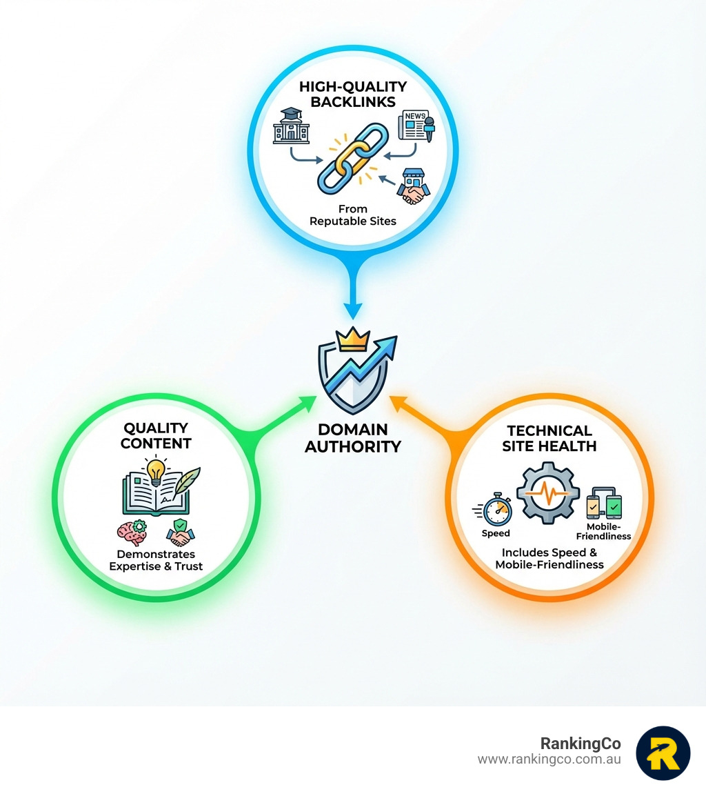 Infographic showing the three main factors that build domain authority: high-quality backlinks from reputable sites, quality content that demonstrates expertise and trust, and technical site health including speed and mobile-friendliness - Build domain authority infographic 