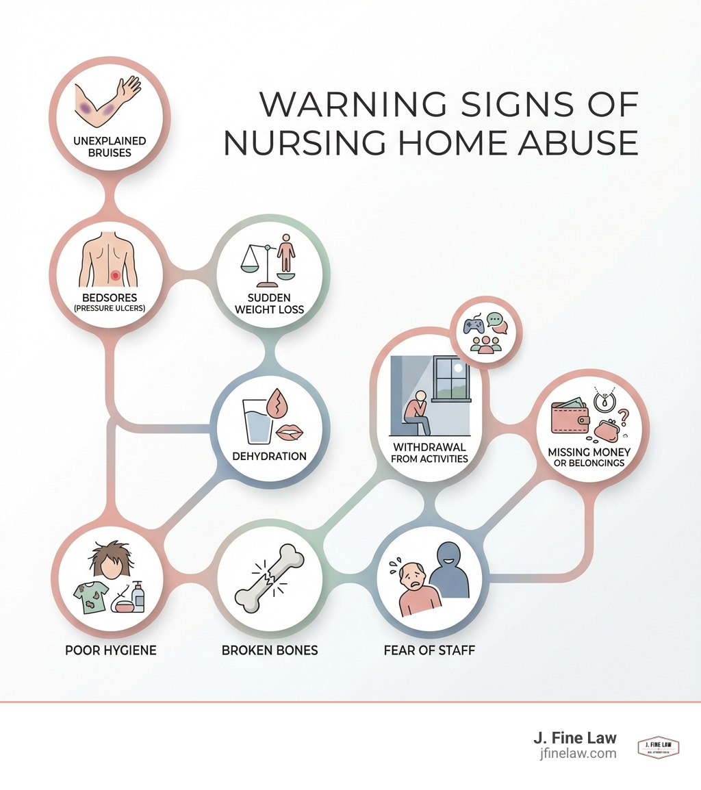infographic showing warning signs of nursing home abuse including unexplained bruises, bedsores, sudden weight loss, dehydration, poor hygiene, broken bones, fear of staff, withdrawal from activities, and missing money or belongings - Cherry Hill nursing home lawyer infographic infographic showing warning signs of nursing home abuse including unexplained bruises, bedsores, sudden weight loss, dehydration, poor hygiene, broken bones, fear of staff, withdrawal from activities, and missing money or belongings - Cherry Hill nursing home lawyer infographic