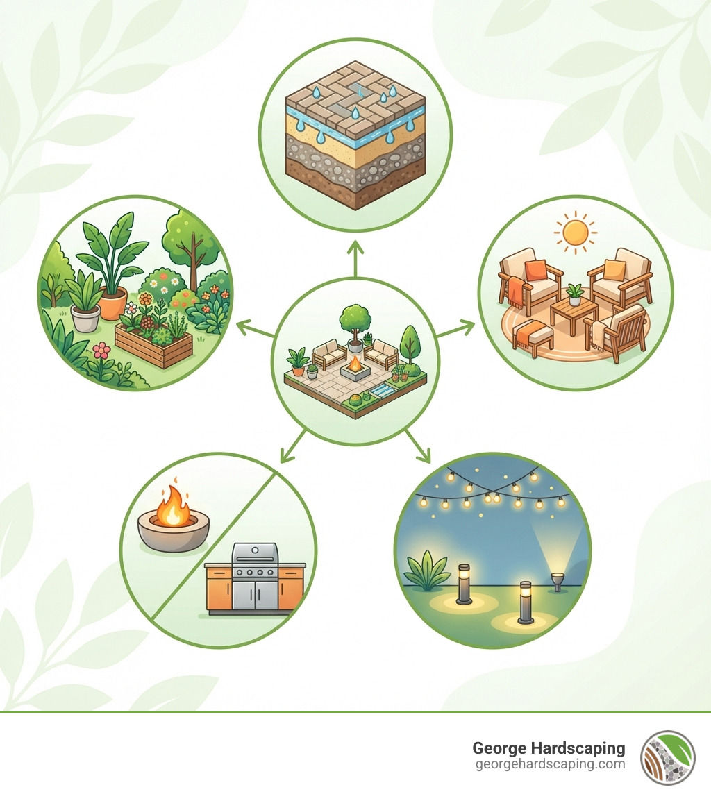 Infographic showing the 5 essential elements of a well-designed patio: 1) Solid foundation with proper base preparation and drainage, 2) Comfortable weather-resistant seating arranged for conversation, 3) Layered ambient lighting including string lights and path lights, 4) Functional features such as fire pits or outdoor kitchens, and 5) Integrated greenery with container gardens and surrounding plants - Outdoor patio ideas infographic 