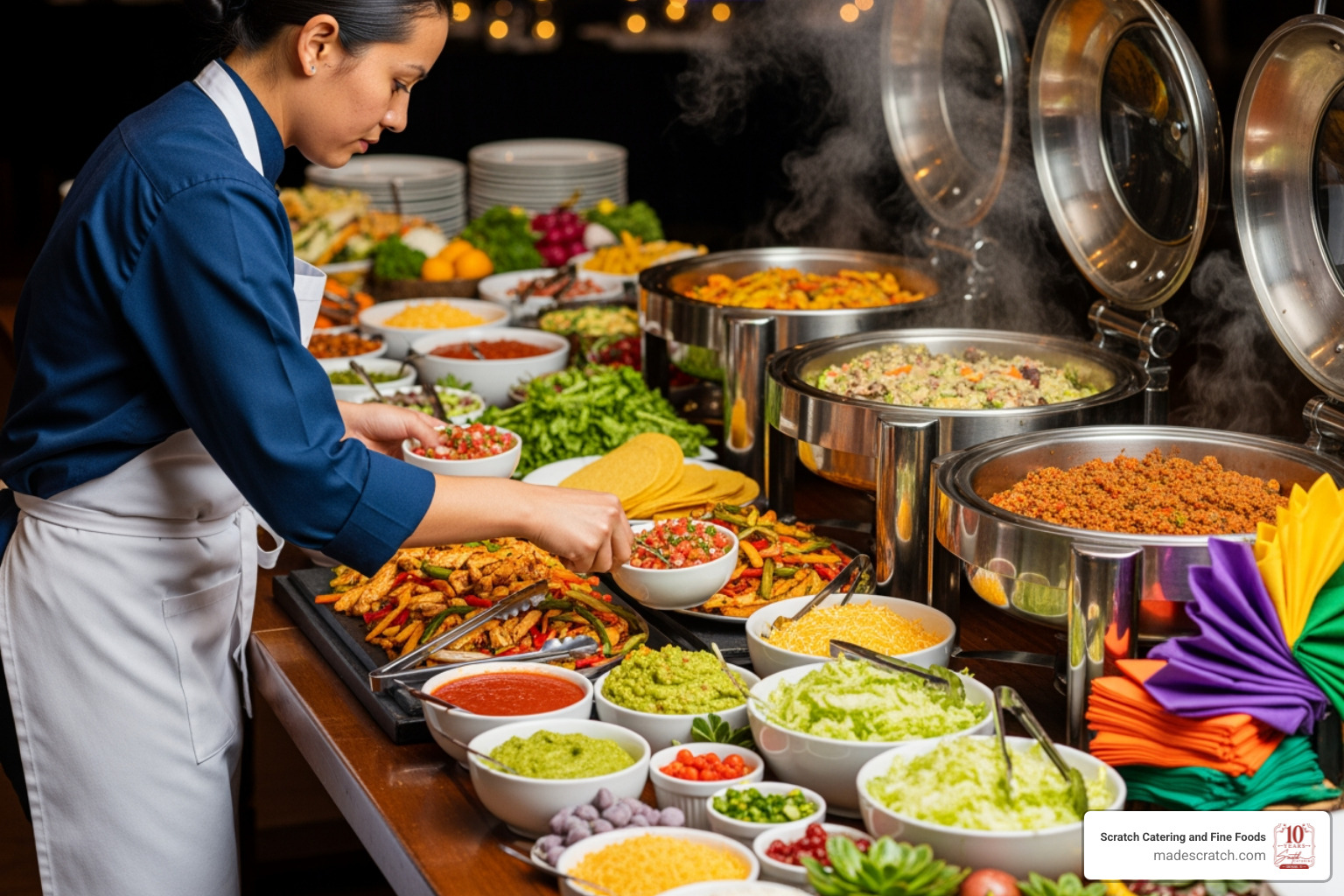A professional catering staff member in uniform meticulously setting up a vibrant Mexican food buffet table with colorful dishes and fresh ingredients - mexican catering grapevine tx A professional catering staff member in uniform meticulously setting up a vibrant Mexican food buffet table with colorful dishes and fresh ingredients - mexican catering grapevine tx