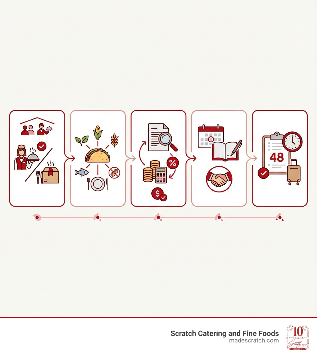 Infographic showing 5 key steps to choosing the perfect Mexican caterer: 1) Determine your service level needs (full-service vs drop-off), 2) Select menu items that accommodate all dietary restrictions, 3) Request detailed quotes including all fees and minimums, 4) Book early with signed contracts and deposits, 5) Confirm final guest count and logistics 48 hours before your event - mexican catering grapevine tx infographic Infographic showing 5 key steps to choosing the perfect Mexican caterer: 1) Determine your service level needs (full-service vs drop-off), 2) Select menu items that accommodate all dietary restrictions, 3) Request detailed quotes including all fees and minimums, 4) Book early with signed contracts and deposits, 5) Confirm final guest count and logistics 48 hours before your event - mexican catering grapevine tx infographic