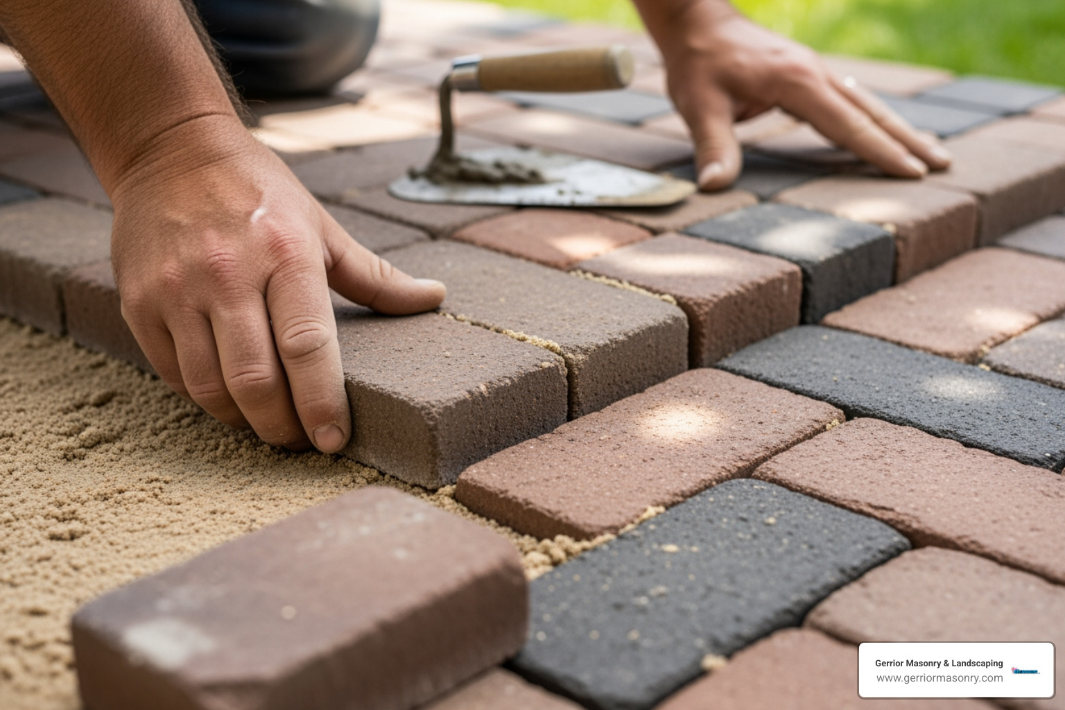 A skilled mason meticulously laying brick pavers to form a patio, emphasizing the labor-intensive nature of the work. - Brick patio installation cost