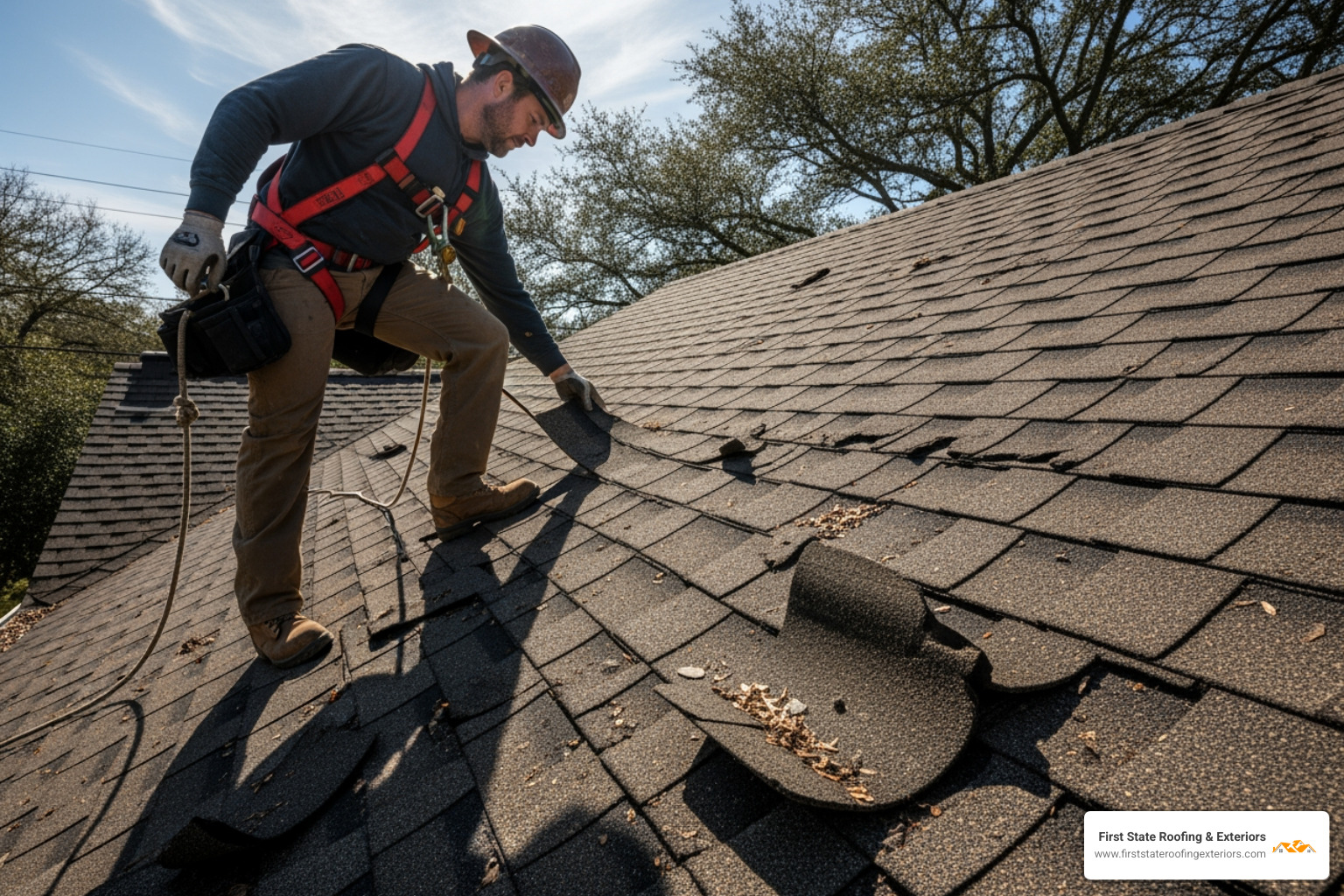 Roofer inspecting curling and cracked shingles on a roof with safety harness - getting a new roof