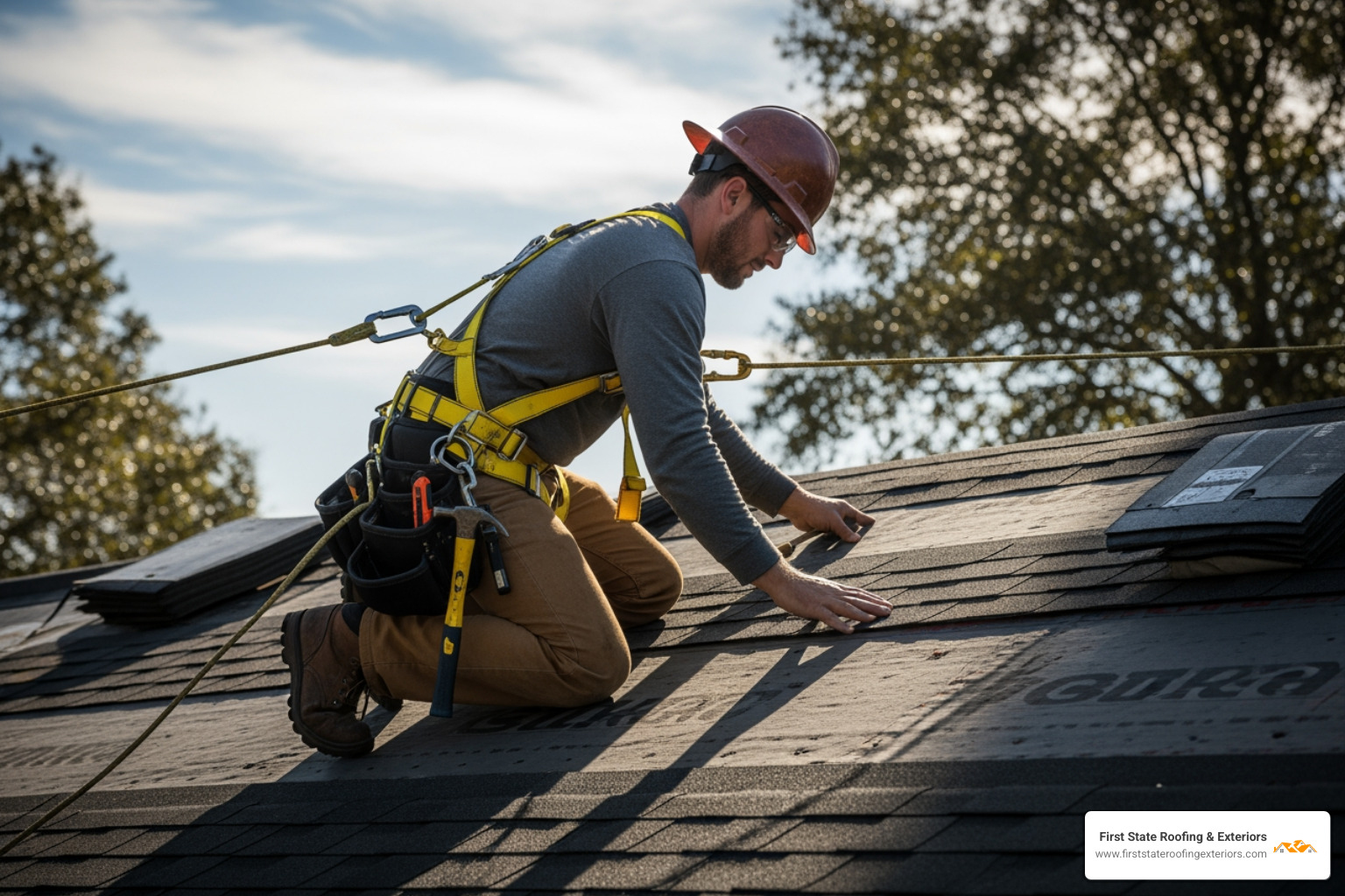 Roofing crew member safely installing shingles with safety harness - getting a new roof