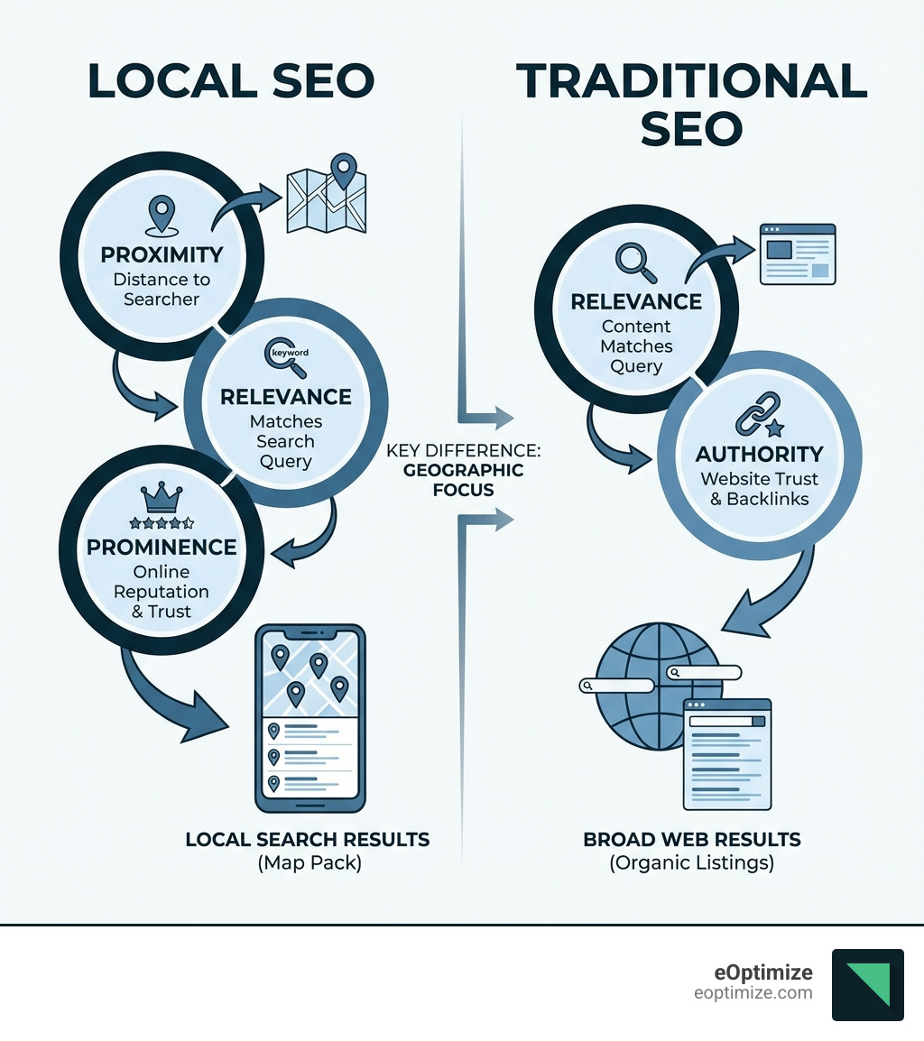 infographic showing local seo vs traditional seo with three circles labeled proximity relevance and prominence compared to traditional seo factors of relevance and authority only - Local search optimization infographic 