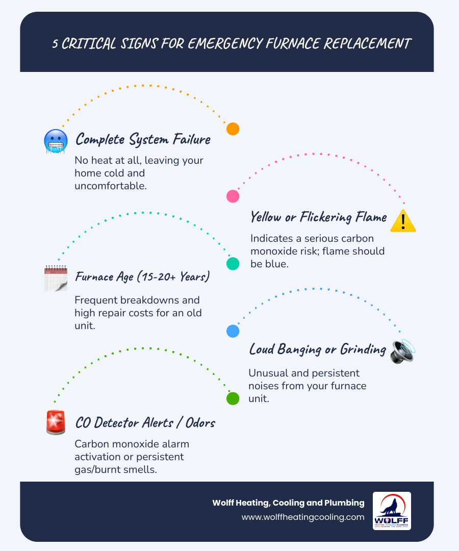 Infographic showing the 5 critical signs you need emergency furnace replacement: 1. Complete system failure with no heat, 2. Yellow or flickering burner flame indicating carbon monoxide risk, 3. Furnace age over 15-20 years with frequent repairs, 4. Loud banging or grinding noises from the unit, 5. Carbon monoxide detector alerts or persistent gas odors - emergency furnace installation in rio rancho, nm infographic infographic-line-5-steps-blues-accent_colors Infographic showing the 5 critical signs you need emergency furnace replacement: 1. Complete system failure with no heat, 2. Yellow or flickering burner flame indicating carbon monoxide risk, 3. Furnace age over 15-20 years with frequent repairs, 4. Loud banging or grinding noises from the unit, 5. Carbon monoxide detector alerts or persistent gas odors - emergency furnace installation in rio rancho, nm infographic infographic-line-5-steps-blues-accent_colors