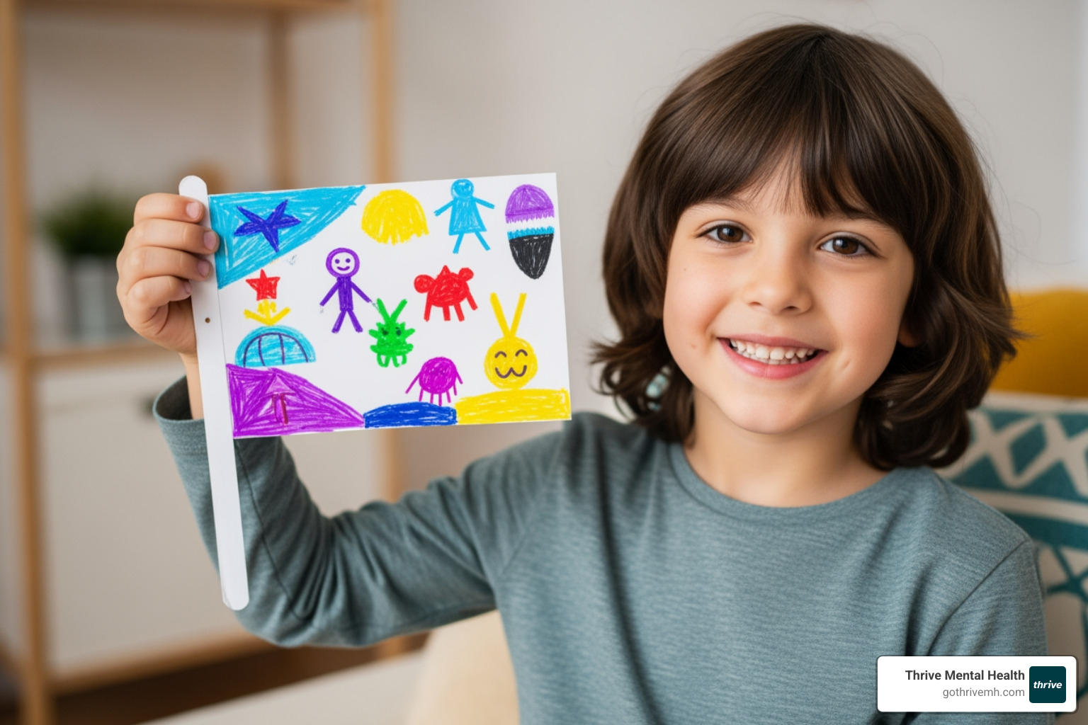 child proudly holding a "Personal Flag" craft - mental health art activities for kids
