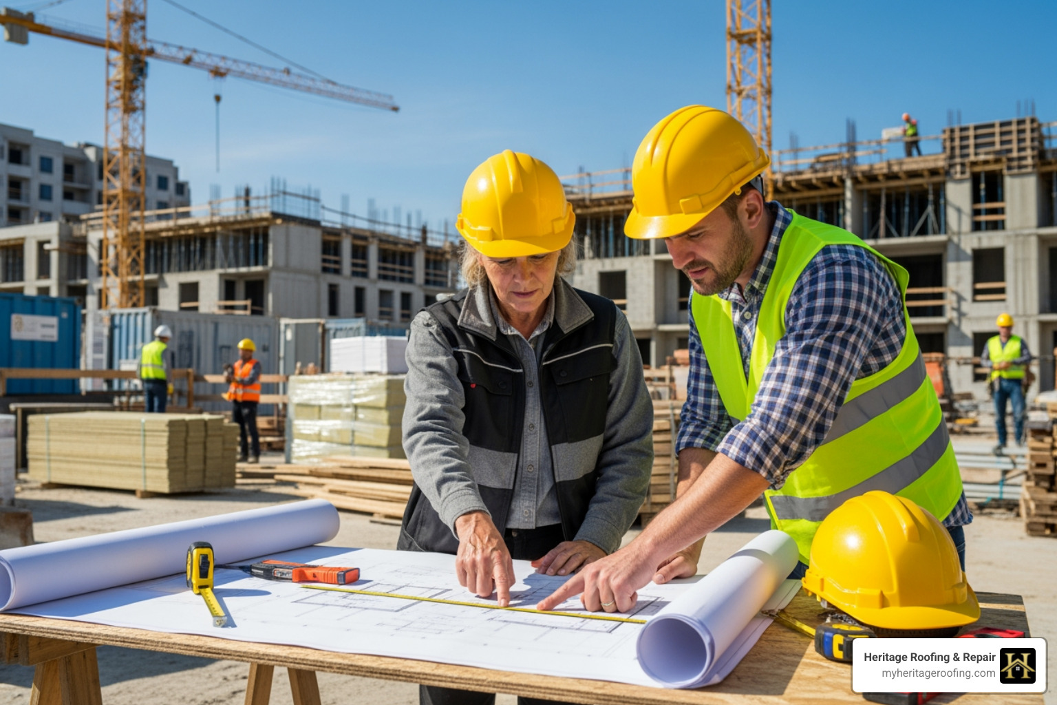 a roofing contractor collaborating with a builder on a construction site, looking at blueprints - new construction roofing