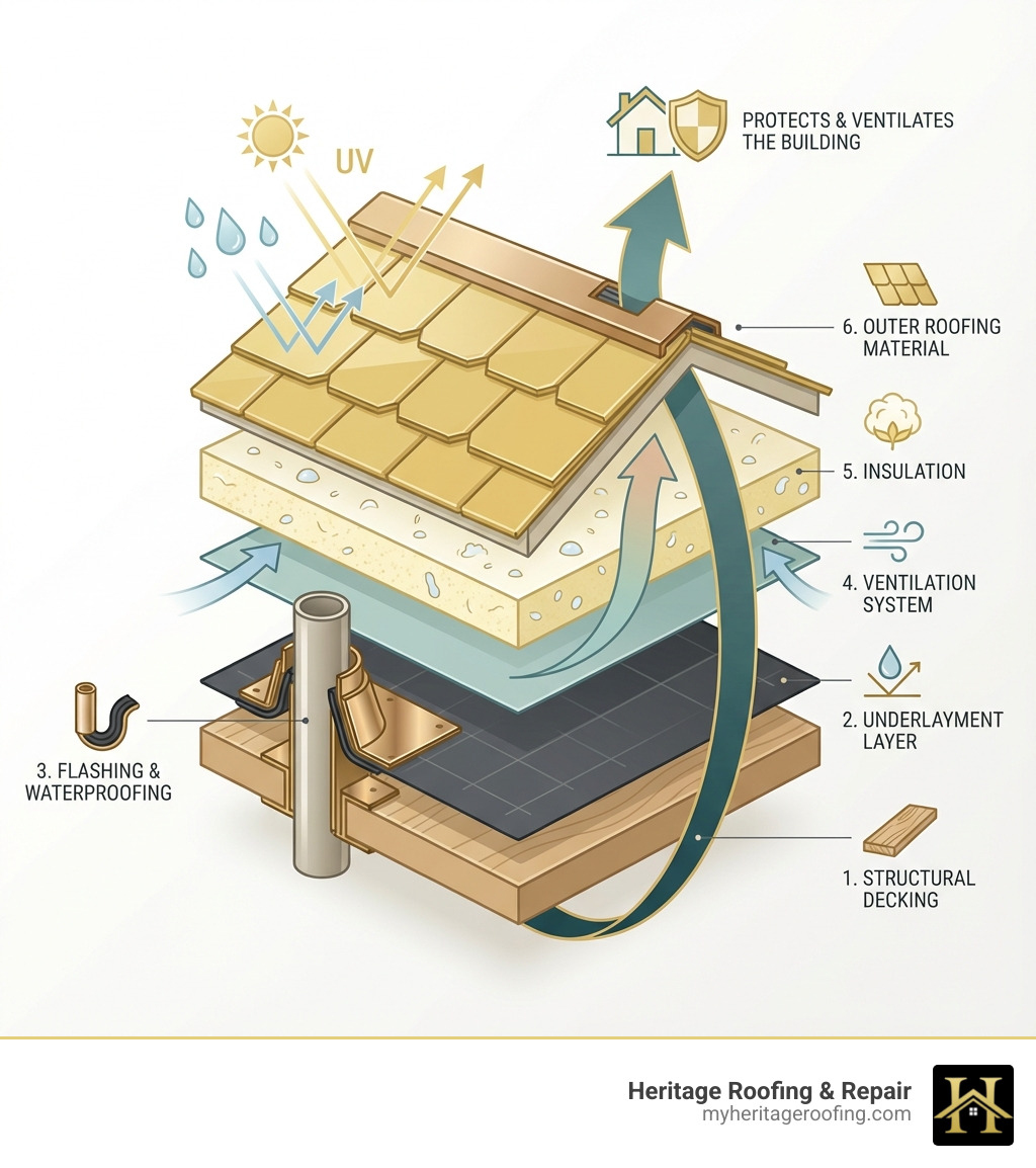 Infographic showing the key components of a new construction roofing system: structural decking at the base, followed by underlayment layer, flashing and waterproofing around penetrations, ventilation system for air flow, insulation for energy efficiency, and finally the outer roofing material on top, with arrows indicating how these layers work together to protect the building - new construction roofing infographic 