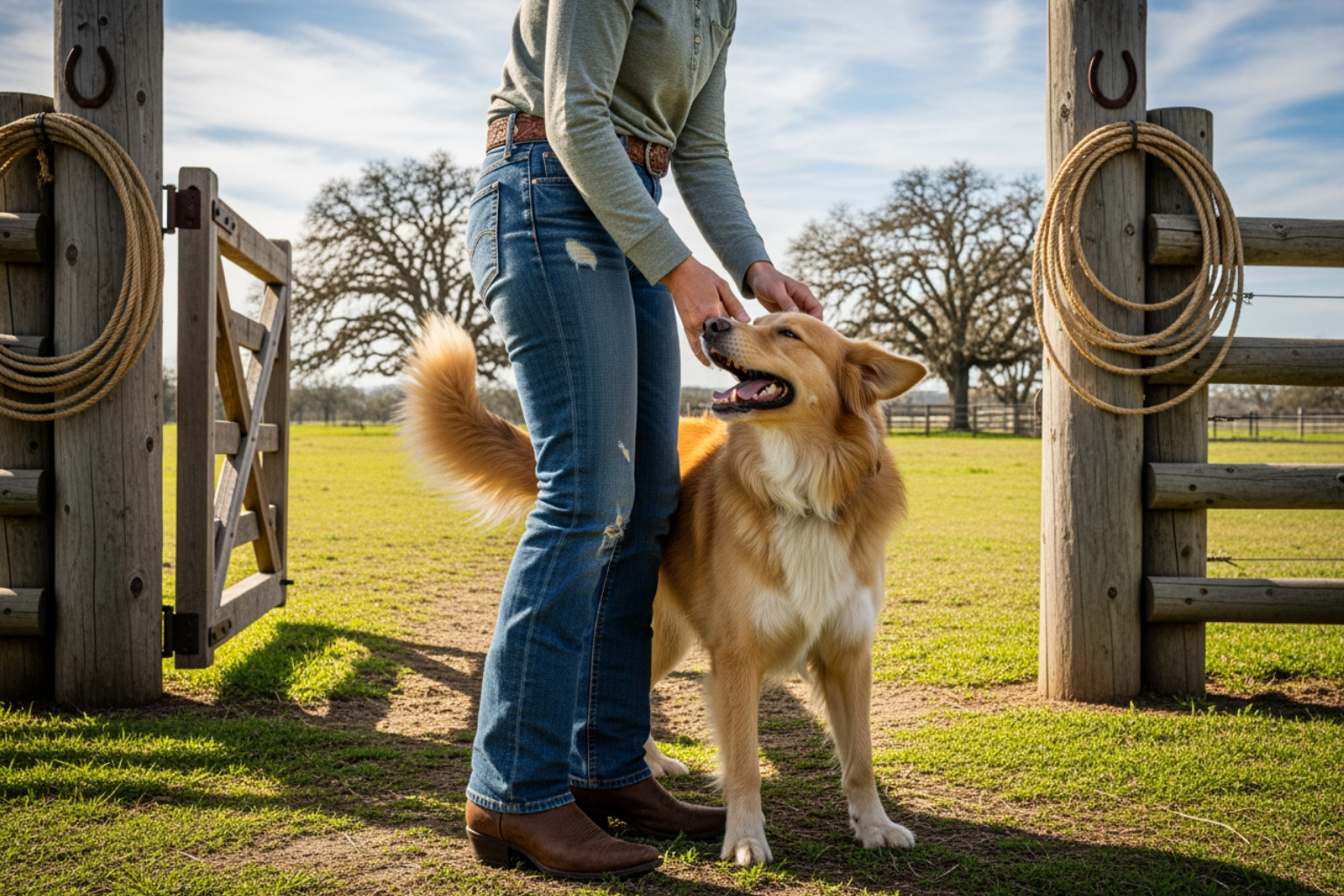A person happily greeting a dog at the Pet Caddy ranch entrance - best dog overnight care A person happily greeting a dog at the Pet Caddy ranch entrance - best dog overnight care