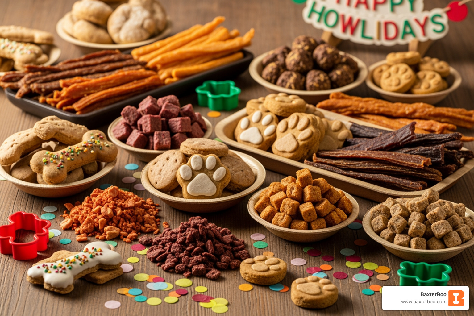 festive spread of various organic dog treats like biscuits, jerky, and freeze-dried bites - Best organic pet treats festive spread of various organic dog treats like biscuits, jerky, and freeze-dried bites - Best organic pet treats