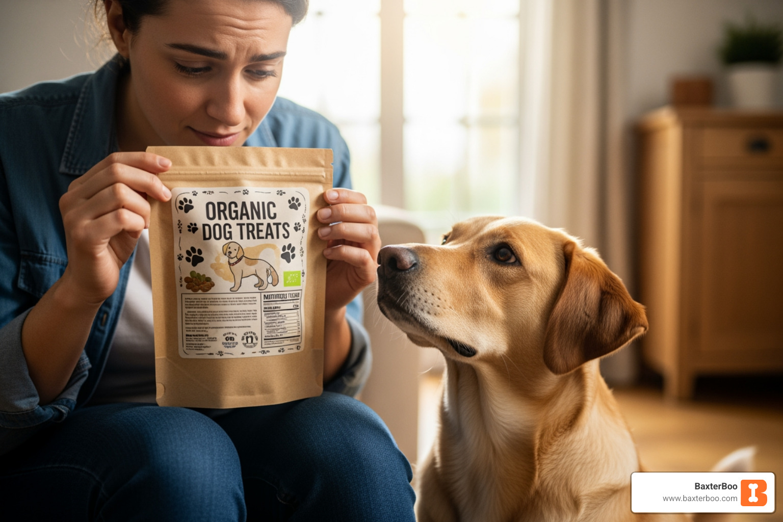 pet owner reading label on bag of organic dog treats - Best organic pet treats pet owner reading label on bag of organic dog treats - Best organic pet treats