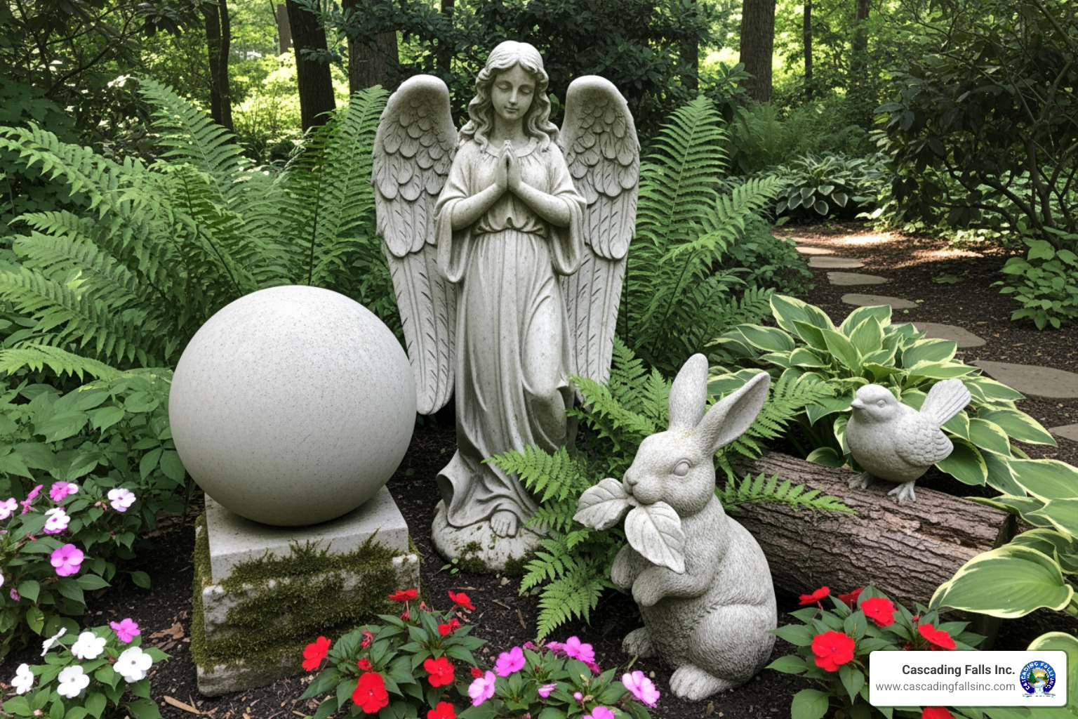 collection of various concrete statues like an angel, a sphere, and an animal figure - concrete garden decorations