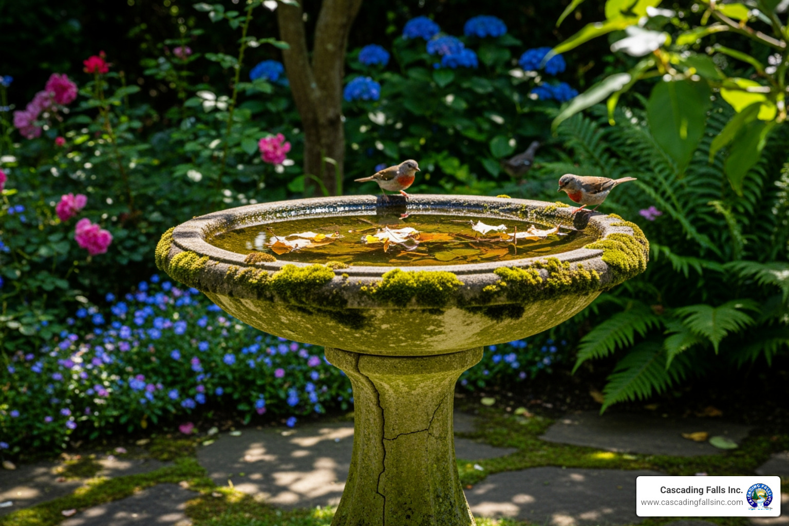 weathered concrete birdbath with moss - concrete garden decorations