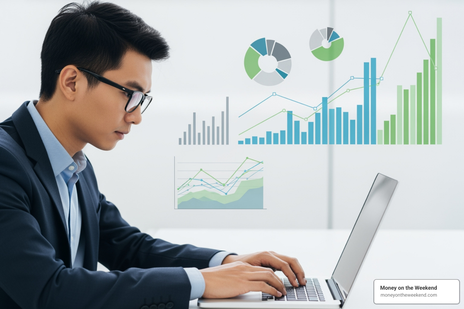 Person using a laptop with charts and graphs in the background - affiliate marketing niche selection Person using a laptop with charts and graphs in the background - affiliate marketing niche selection