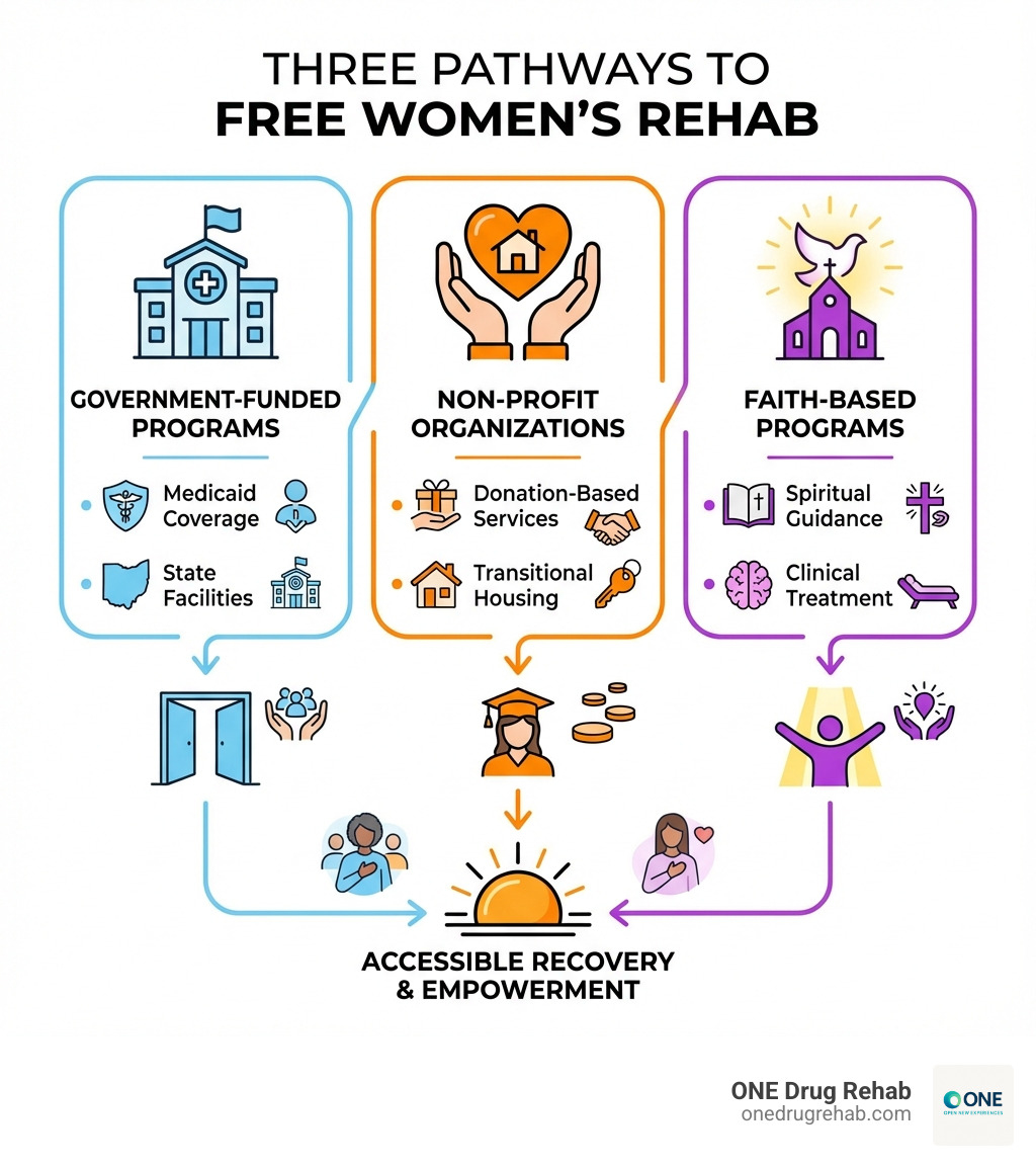 infographic showing three pathways to free rehab: government-funded programs with Medicaid coverage and state facilities, non-profit organizations offering donation-based services and transitional housing, and faith-based programs combining spiritual guidance with clinical treatment - free women's rehab centers infographic infographic showing three pathways to free rehab: government-funded programs with Medicaid coverage and state facilities, non-profit organizations offering donation-based services and transitional housing, and faith-based programs combining spiritual guidance with clinical treatment - free women's rehab centers infographic