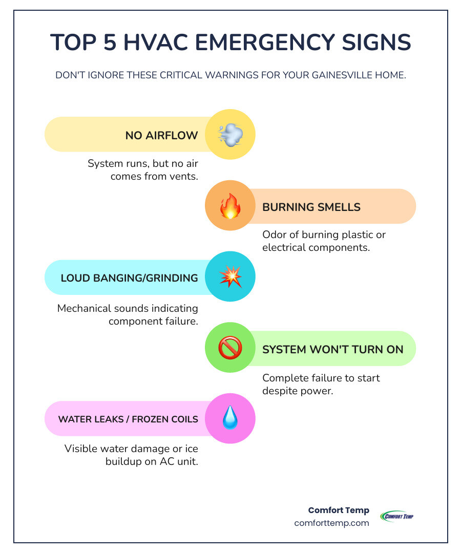Infographic showing the top 5 signs of an HVAC emergency: 1. No Airflow - system runs but no air comes from vents, 2. Burning Smells - odor of burning plastic or electrical components, 3. Loud Banging or Grinding Noises - mechanical sounds indicating component failure, 4. System Won't Turn On - complete failure to start despite power, 5. Water Leaks or Frozen Coils - visible water damage or ice buildup on AC unit - Emergency HVAC Repair Gainesville FL infographic infographic-line-5-steps-colors Infographic showing the top 5 signs of an HVAC emergency: 1. No Airflow - system runs but no air comes from vents, 2. Burning Smells - odor of burning plastic or electrical components, 3. Loud Banging or Grinding Noises - mechanical sounds indicating component failure, 4. System Won't Turn On - complete failure to start despite power, 5. Water Leaks or Frozen Coils - visible water damage or ice buildup on AC unit - Emergency HVAC Repair Gainesville FL infographic infographic-line-5-steps-colors