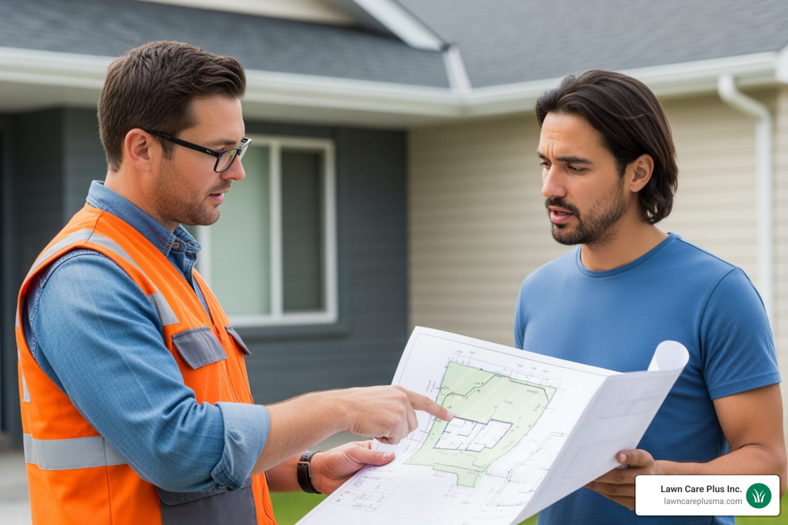 contractor reviewing blueprints with a homeowner on-site - metal fencing contractors near me
