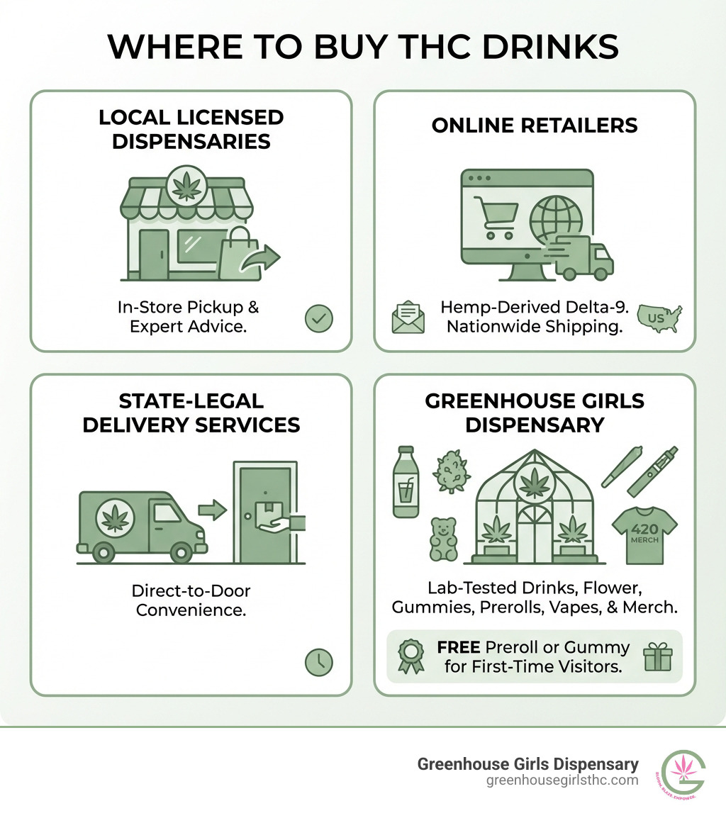 Infographic showing where to buy THC drinks: local licensed dispensaries with in-store pickup, online retailers offering hemp-derived Delta-9 with nationwide shipping, state-legal delivery services bringing products to your door, and Greenhouse Girls Dispensary featuring lab-tested drinks, flower, gummies, prerolls, vapes, and 420 merch with a free preroll or gummy for first-time visitors - where to buy thc drinks near me infographic 
