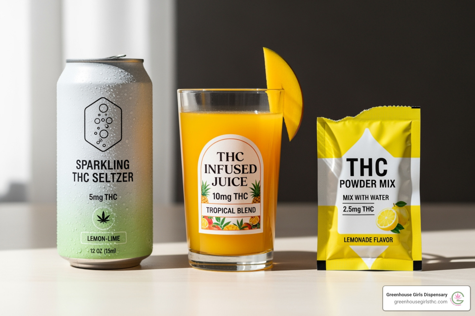 Three different types of THC drinks side-by-side: a seltzer, a juice, and a powder mix packet - where to buy thc drinks near me