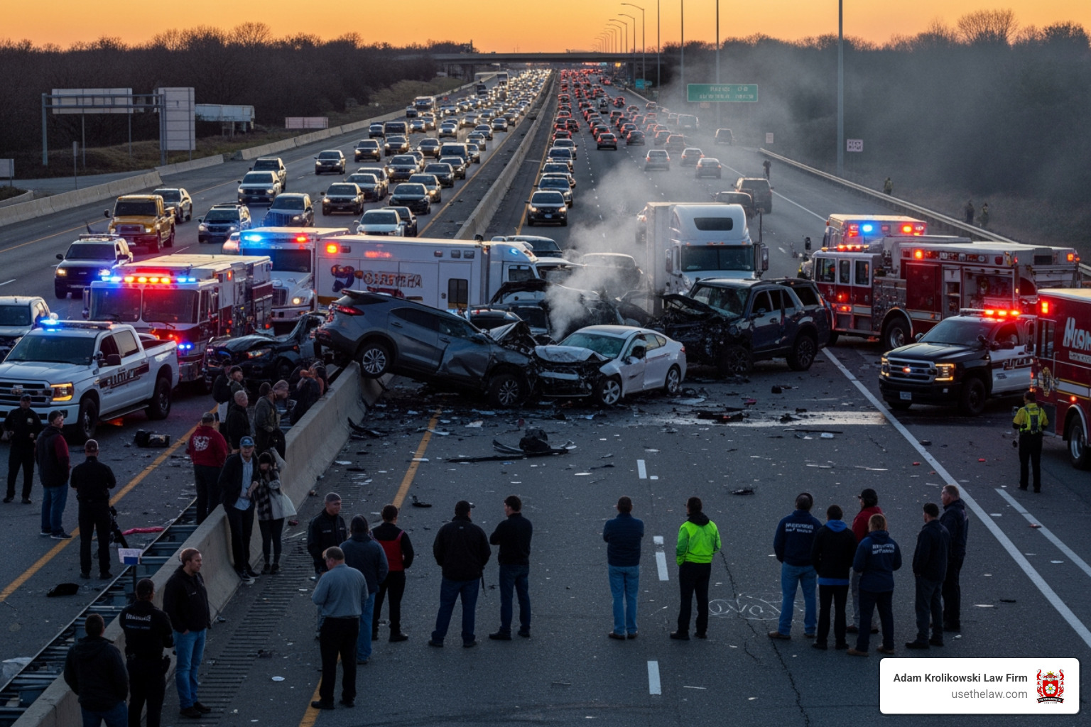 Image of a multi-car pile-up on a freeway - Emotional distress injury lawyer Image of a multi-car pile-up on a freeway - Emotional distress injury lawyer