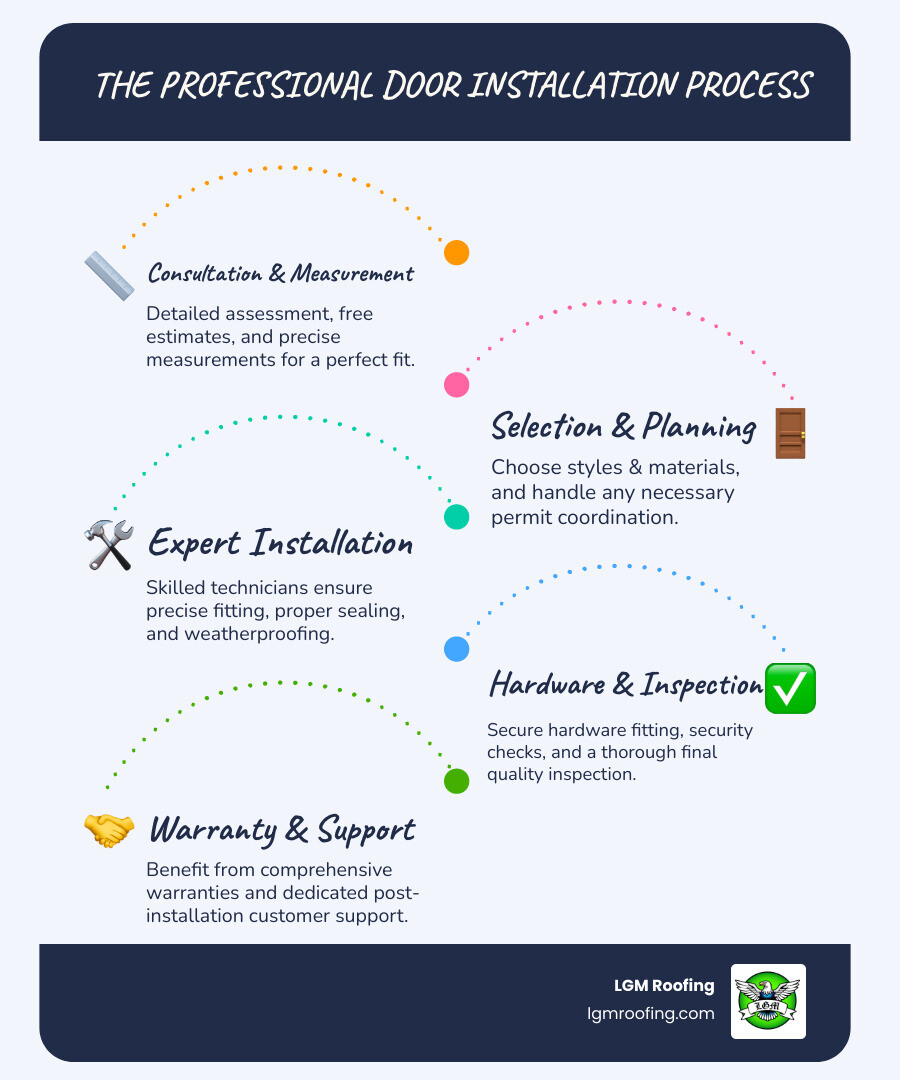Infographic showing the door installation process: 1) Free consultation and measurement, 2) Material and style selection, 3) Permit coordination if needed, 4) Professional installation with weatherproofing, 5) Hardware fitting and final inspection, 6) Warranty coverage and follow-up support - door installation company in montclair, nj infographic infographic-line-5-steps-blues-accent_colors Infographic illustrating the professional door installation process, featuring steps like consultation and measurement, selection and planning, expert installation, hardware and inspection, and warranty and support, branded with LGM Roofing logo.