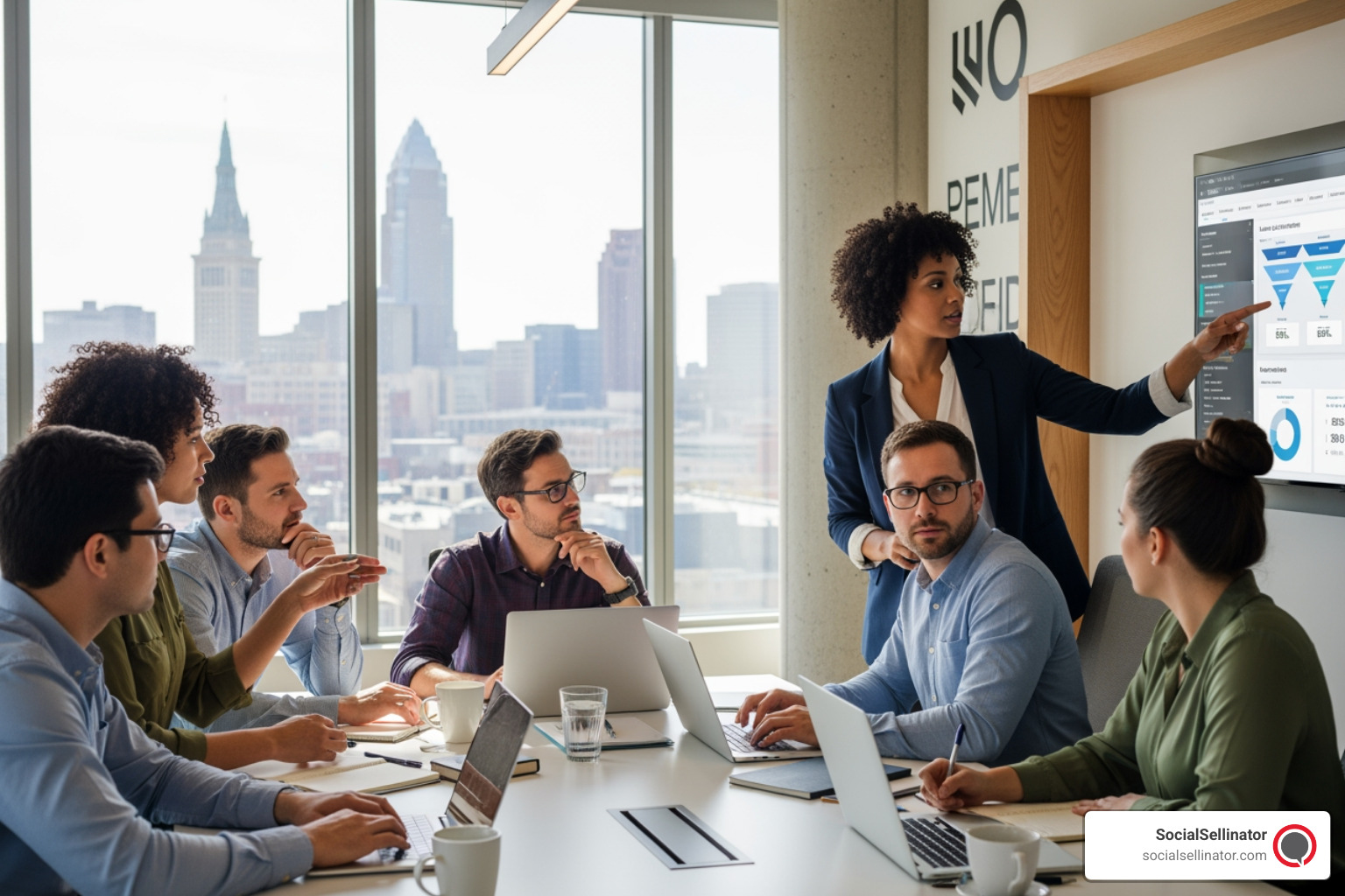 A team of marketing experts collaborating on a lead generation strategy for a Cleveland business - cleveland lead generation agency