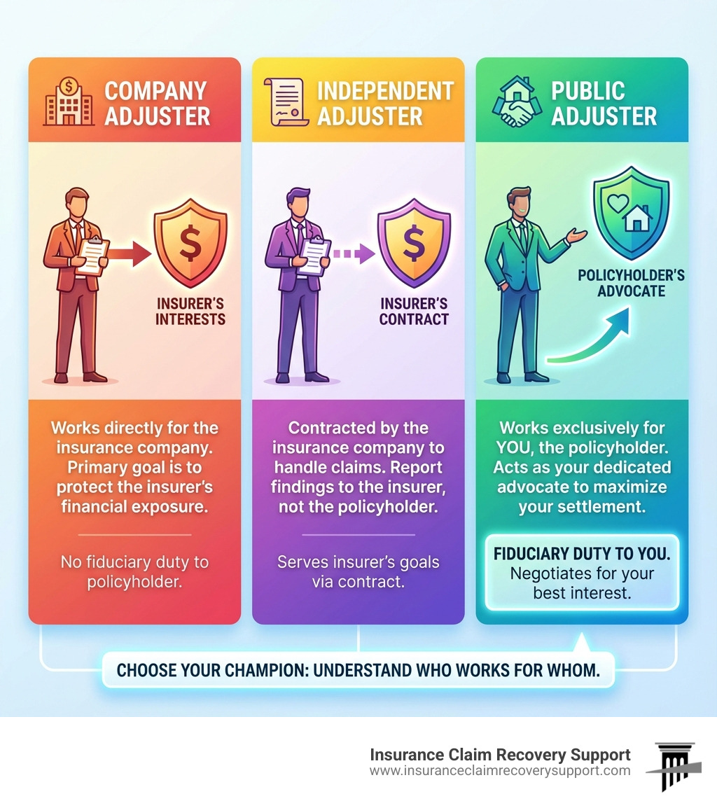 infographic explaining three types of insurance adjusters: company adjuster works for insurer, independent adjuster contracted by insurer, public adjuster works exclusively for policyholder as advocate with fiduciary duty - Licensed public adjuster infographic 