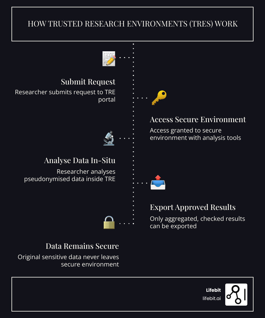 Infographic showing how TREs work: Researcher submits request to TRE portal → Access granted to secure environment with analysis tools → Researcher analyses pseudonymised data inside TRE → Only aggregated, checked results can be exported → Original sensitive data never leaves secure environment - trusted research environments (tres) in the uk infographic infographic-line-5-steps-dark