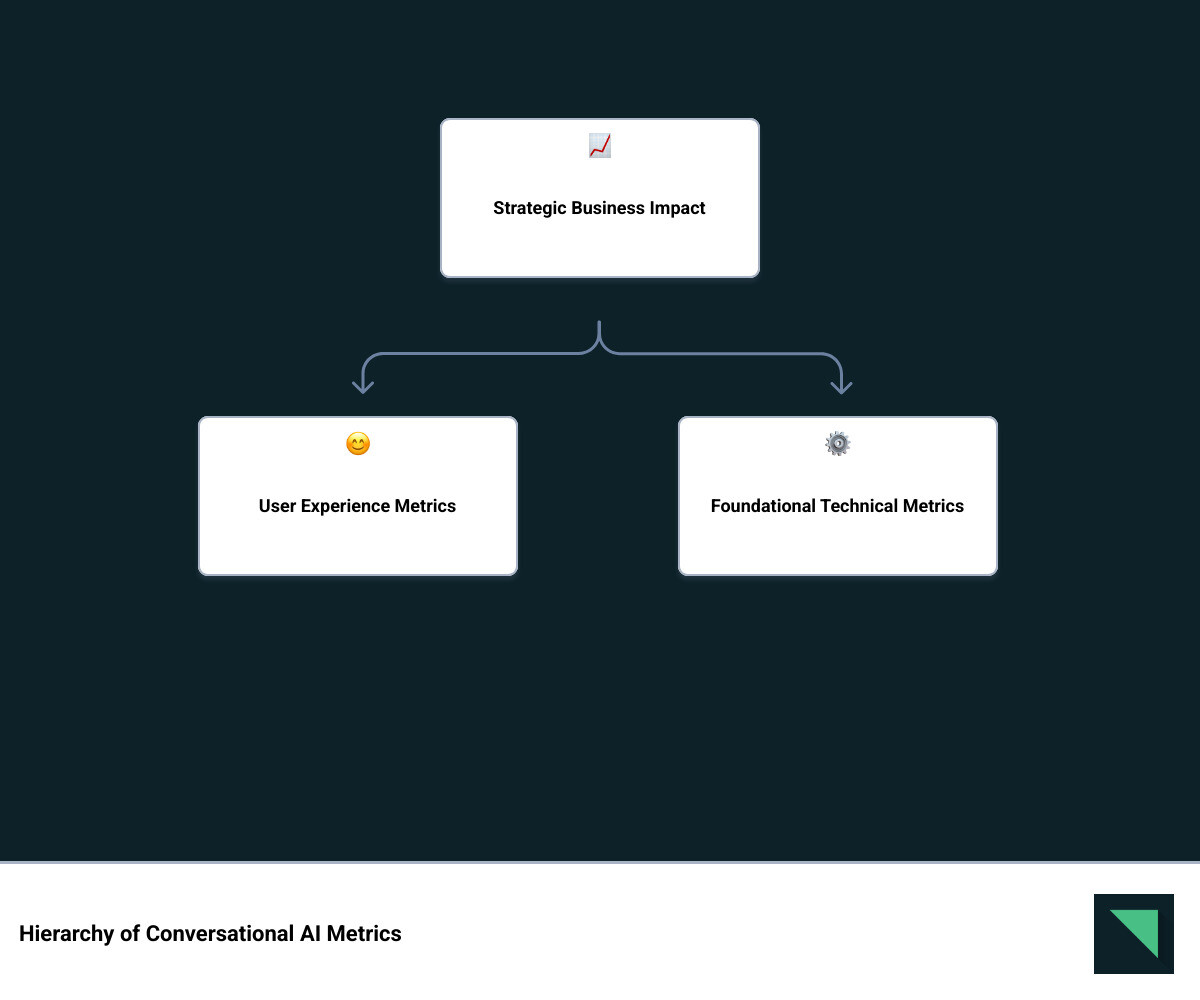 infographic showing the hierarchy of conversational AI metrics across three tiers: foundational technical metrics at the base including response accuracy and intent recognition, user experience metrics in the middle including CSAT and task completion rate, and strategic business impact metrics at the top including ROI and revenue generation - Conversational AI metrics infographic hierarchy