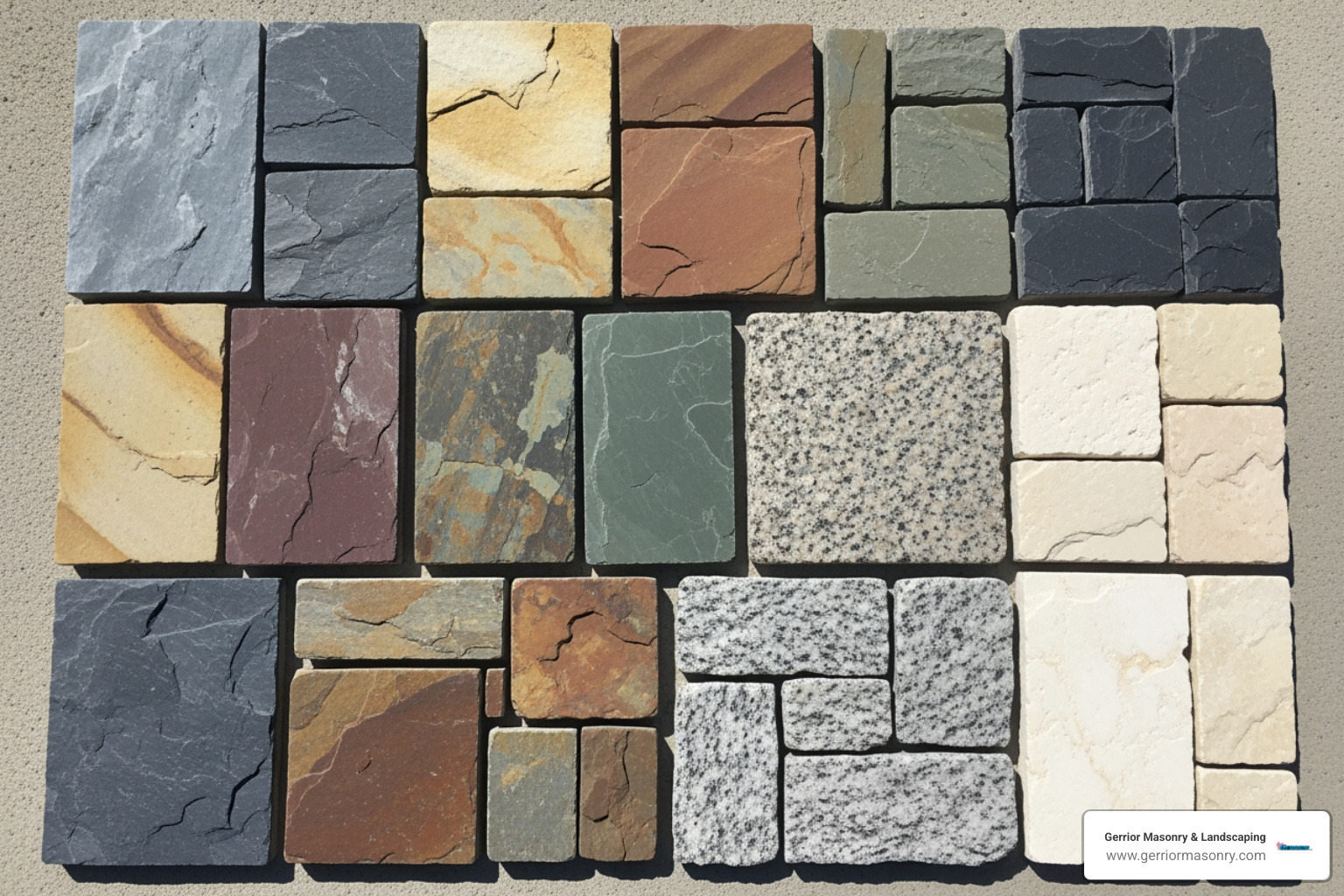 Different types and colors of fieldstone laid out for comparison - Fieldstone walkway ideas