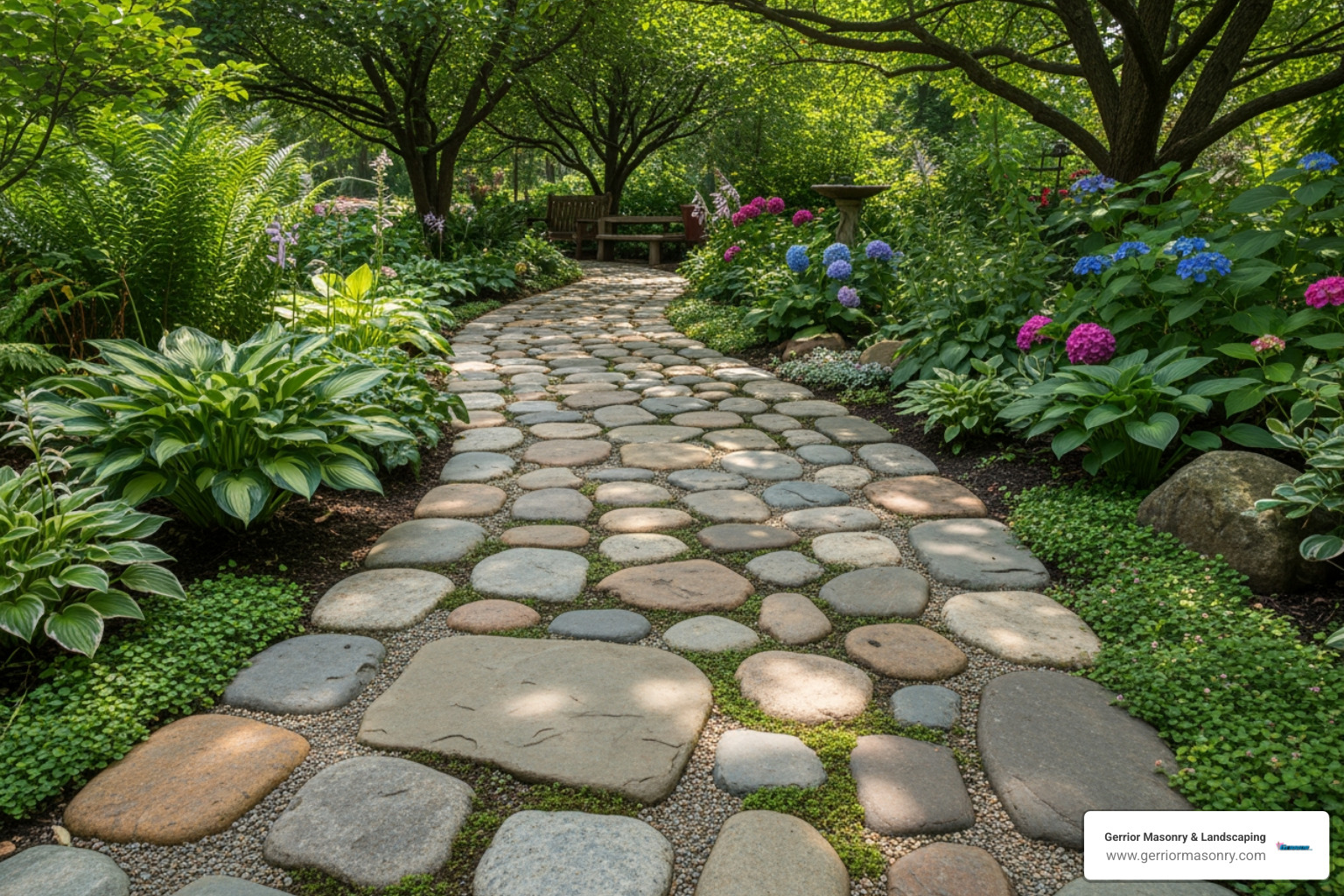 Creative fieldstone walkway design incorporating a curve and mixing stone sizes - Fieldstone walkway ideas