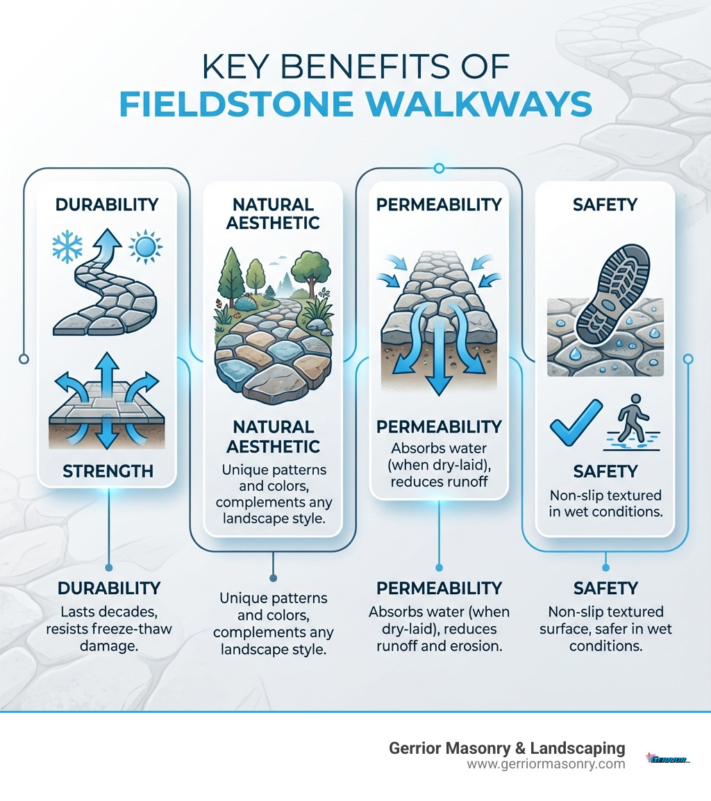Infographic showing the key benefits of fieldstone walkways: Durability (lasts decades, resists freeze-thaw damage), Natural Aesthetic (unique patterns and colors, complements any landscape style), Permeability (absorbs water when dry-laid, reduces runoff and erosion), and Safety (non-slip textured surface, safer in wet conditions) - Fieldstone walkway ideas infographic 