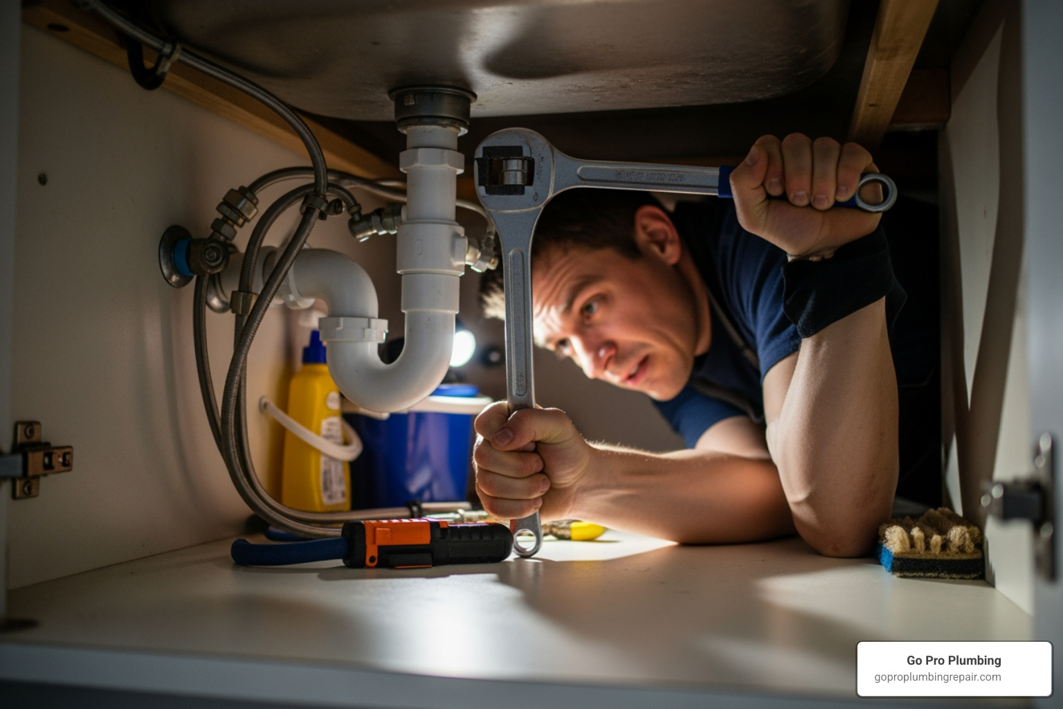 person using a basin wrench to loosen nuts under a sink - installing faucet in kitchen sink