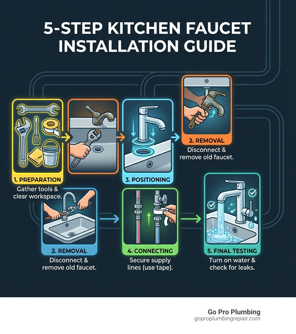 Step-by-step infographic showing the five main phases of kitchen faucet installation: preparation with tools laid out, removal of old faucet with basin wrench, positioning new faucet with gasket, connecting supply lines with Teflon tape, and final testing for leaks with water running - installing faucet in kitchen sink infographic 