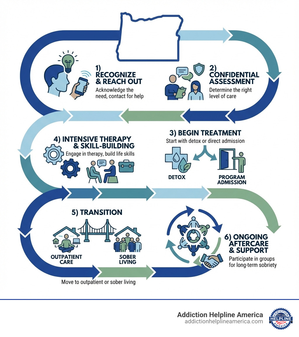 Infographic showing the pathway to recovery in Oregon: 1) Recognize the need for help and reach out, 2) Complete a confidential assessment to determine the right level of care, 3) Begin treatment with detox or direct admission to a program, 4) Engage in intensive therapy and skill-building, 5) Transition to outpatient care or sober living, 6) Participate in ongoing aftercare and support groups for long-term sobriety - drug rehab Oregon infographic Infographic showing the pathway to recovery in Oregon: 1) Recognize the need for help and reach out, 2) Complete a confidential assessment to determine the right level of care, 3) Begin treatment with detox or direct admission to a program, 4) Engage in intensive therapy and skill-building, 5) Transition to outpatient care or sober living, 6) Participate in ongoing aftercare and support groups for long-term sobriety - drug rehab Oregon infographic